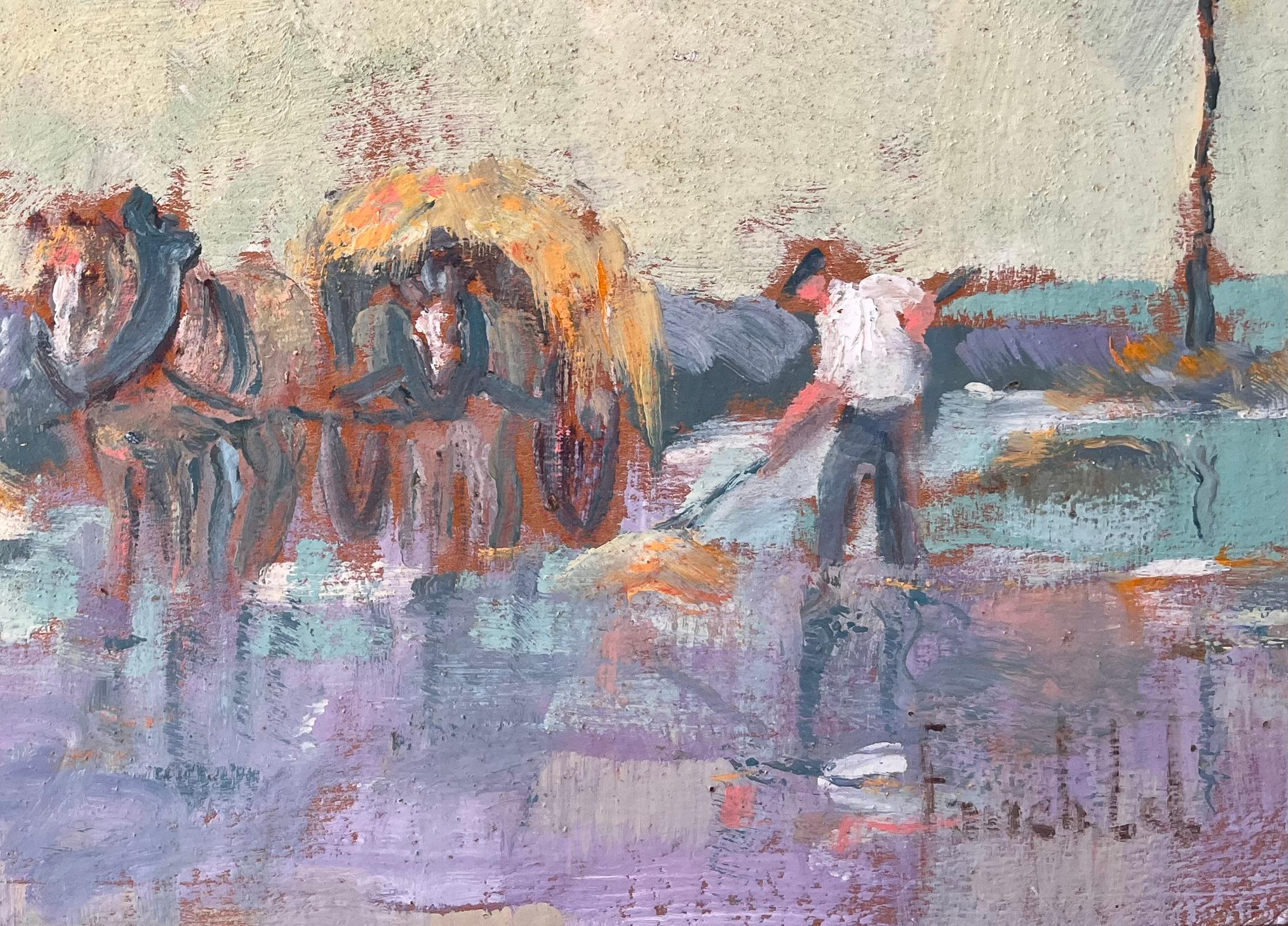 Impressionistische ländliche Szene mit Pferdewagen und Bauernarbeiter in Küstendorf (Impressionismus), Painting, von Fanch Lel