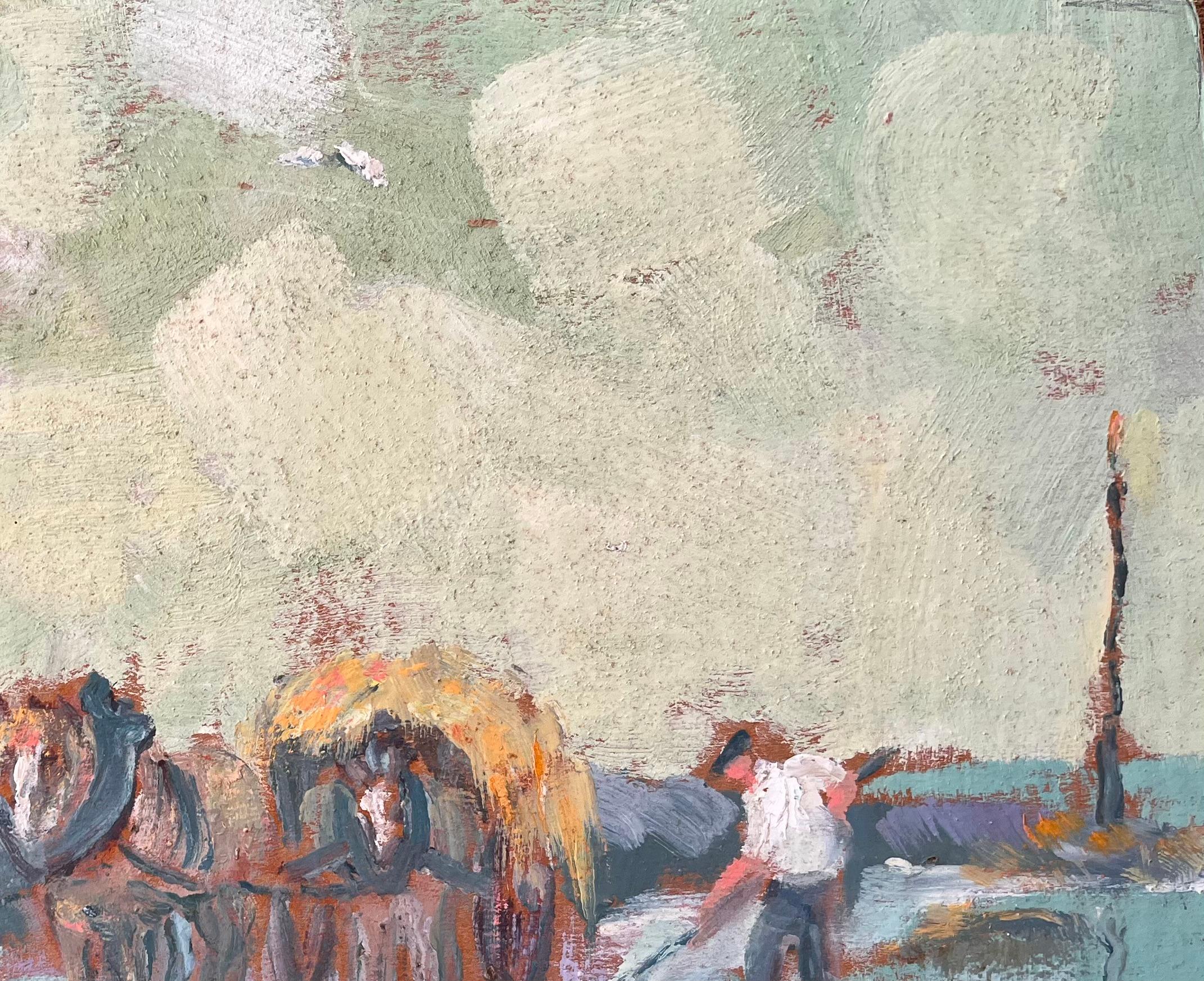 Impressionistische ländliche Szene mit Pferdewagen und Bauernarbeiter in Küstendorf (Grau), Abstract Painting, von Fanch Lel