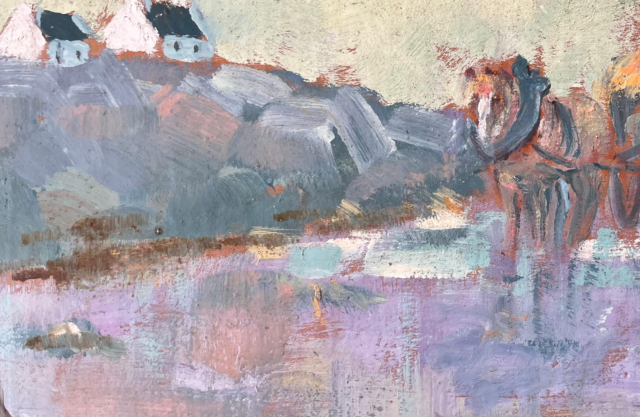 Titel: Impressionistische ländliche Szene mit Pferdewagen und Landarbeiter in einem Küstendorf
Von Fanch Lel
Unterschrieben: Ja
Größe: 10,5 x 16 Zoll (Höhe x Breite)
Ölgemälde auf Karton, ungerahmt
Zustand: Das Gemälde ist in gutem Zustand mit