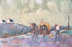 Impressionist Rural Scene with Horse Cart and Farm Worker in Coastal Village