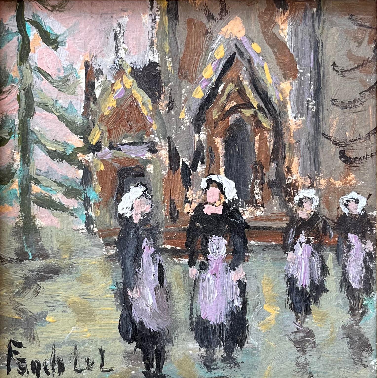 Abstract Painting de Fanch Lel - Escena impresionista de feligreses bretones saliendo de misa con vestimenta tradicional