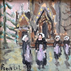 Vintage Impressionist Scene of Breton Churchgoers Leaving Mass in Traditional Dress