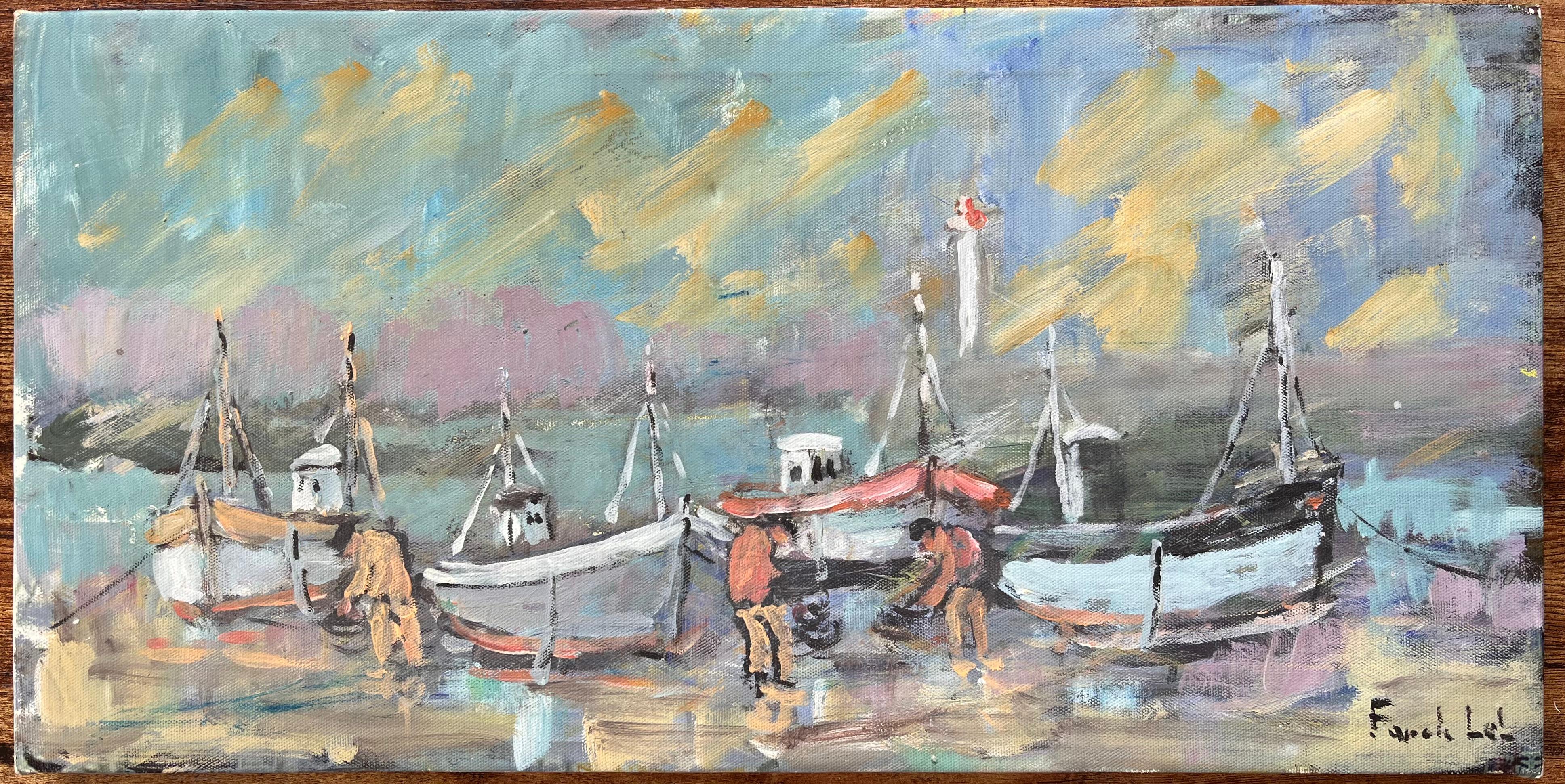 Impressionistische Szene von Fischenbooten und Fischern in niedrigem Tide mit buntem Himmel – Painting von Fanch Lel