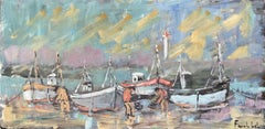 Impressionist Scene of Fishing Boats and Fishermen at Low Tide with Colorful Sky