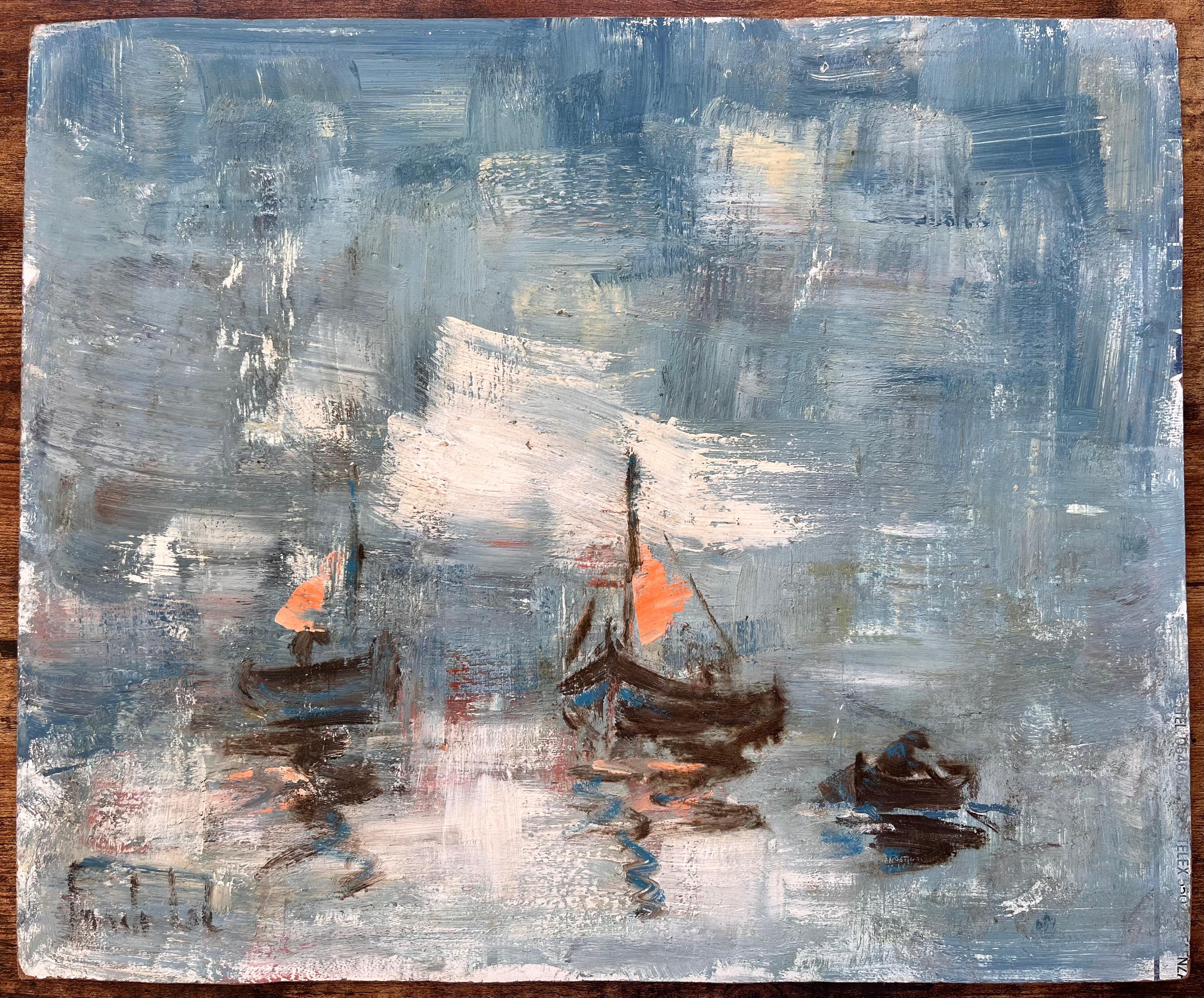 Impressionistisches Meereslandschaftsgemälde von Fischerbooten mit Segelbooten und orangefarbenen Segeln – Painting von Fanch Lel