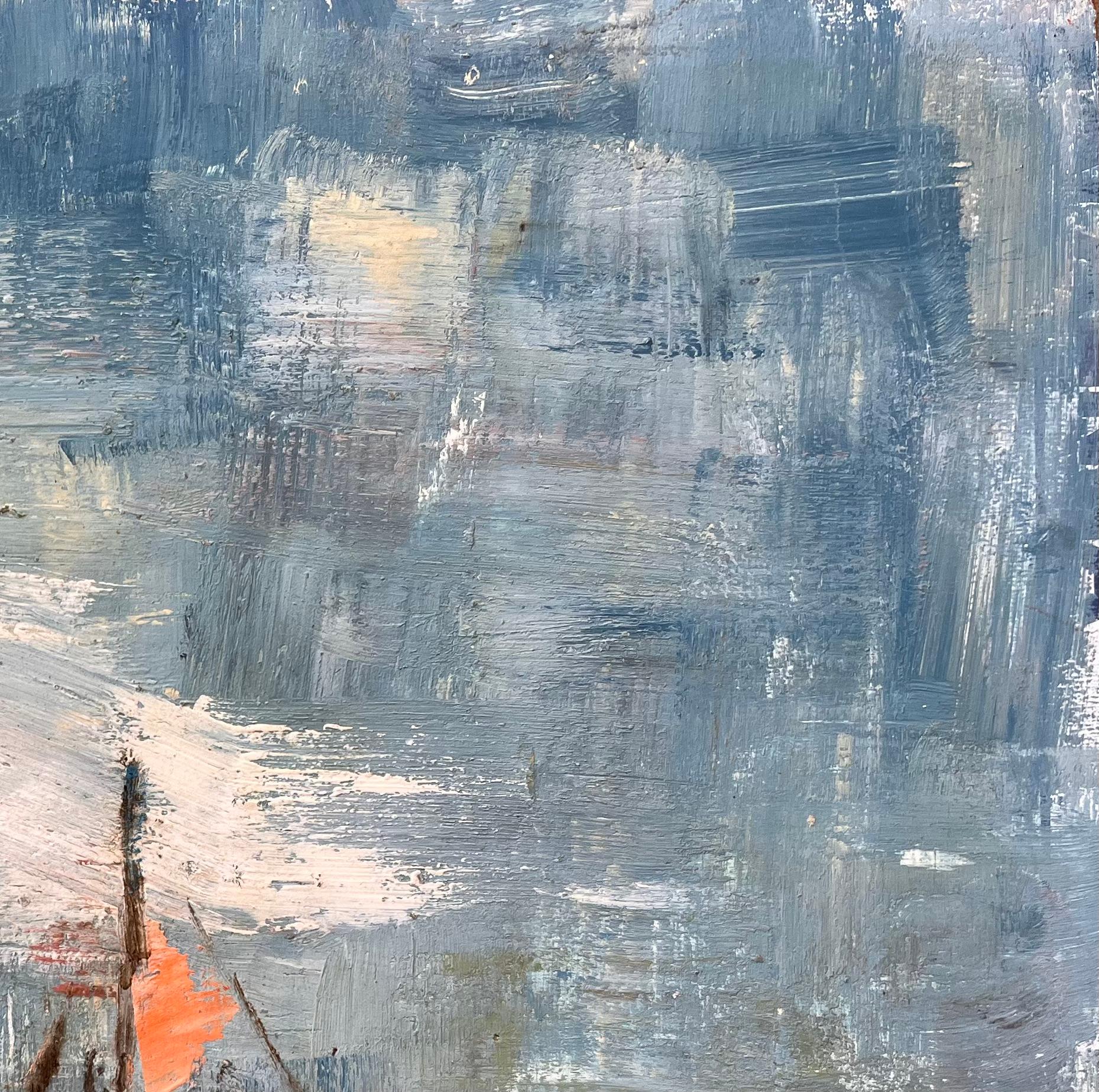 Impressionistisches Meereslandschaftsgemälde von Fischerbooten mit Segelbooten und orangefarbenen Segeln (Grau), Landscape Painting, von Fanch Lel