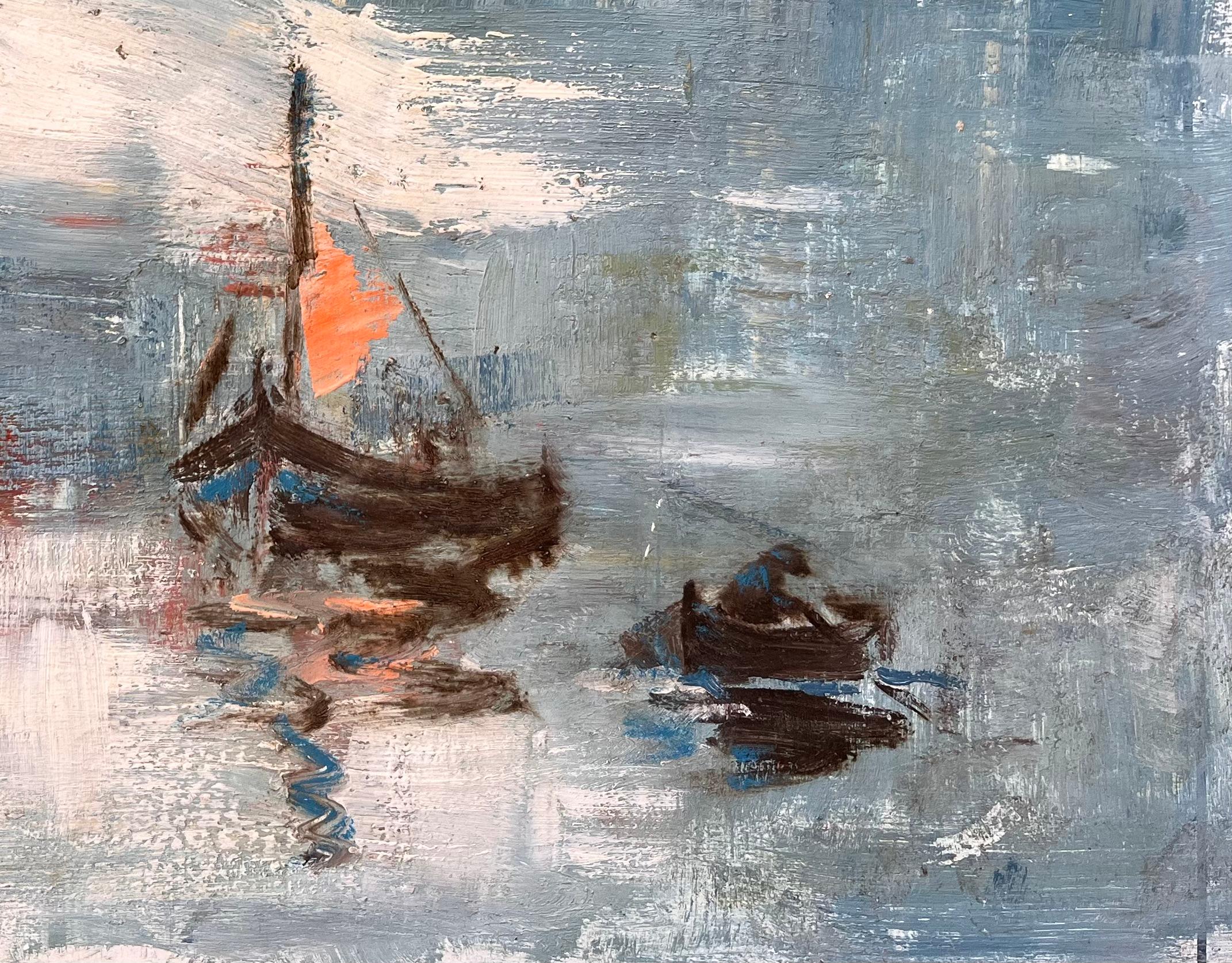 Impressionistisches Meereslandschaftsgemälde von Fischerbooten mit Segelbooten und orangefarbenen Segeln im Angebot 1