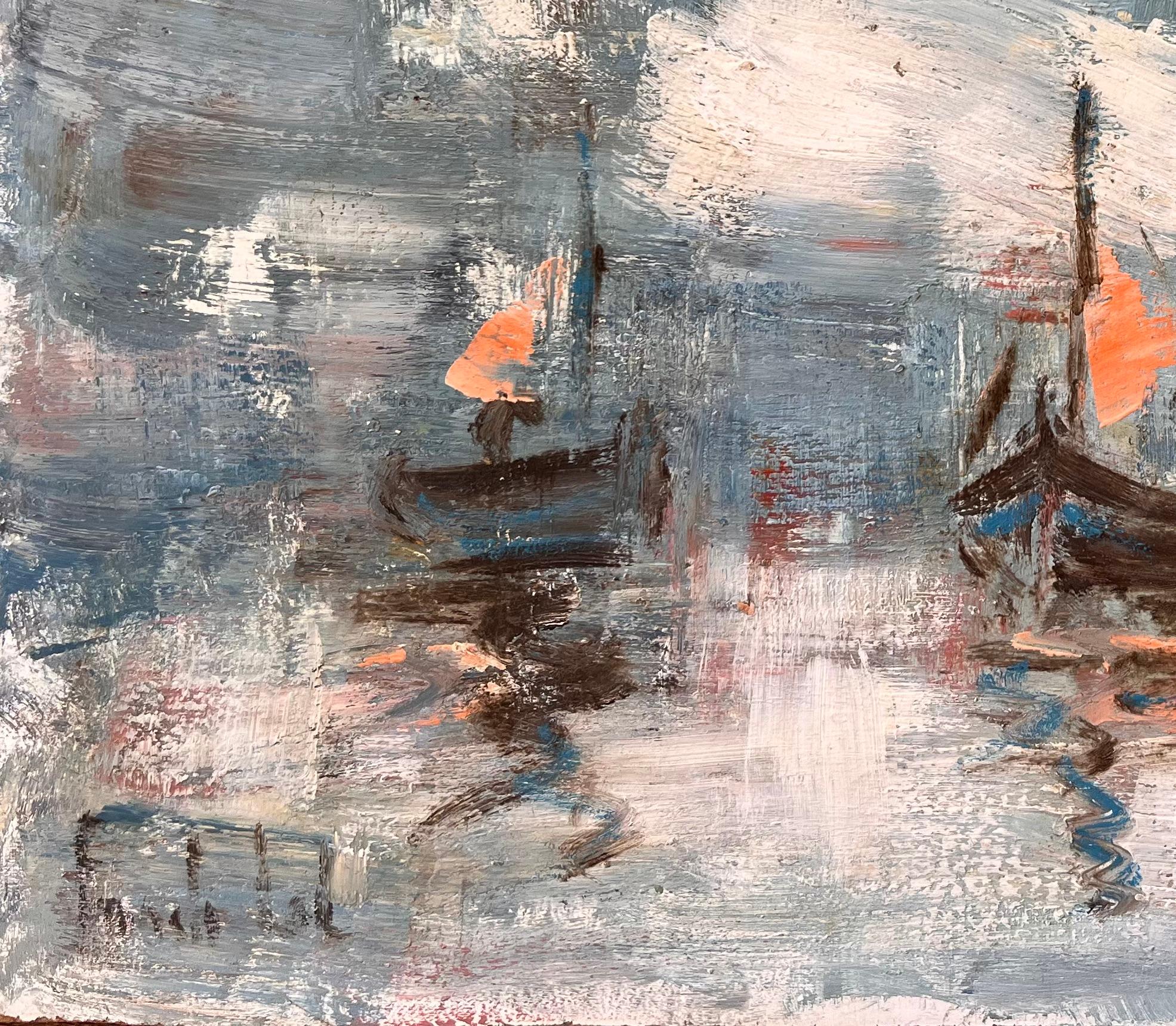 Impressionistisches Meereslandschaftsgemälde von Fischerbooten mit Segelbooten und orangefarbenen Segeln im Angebot 2