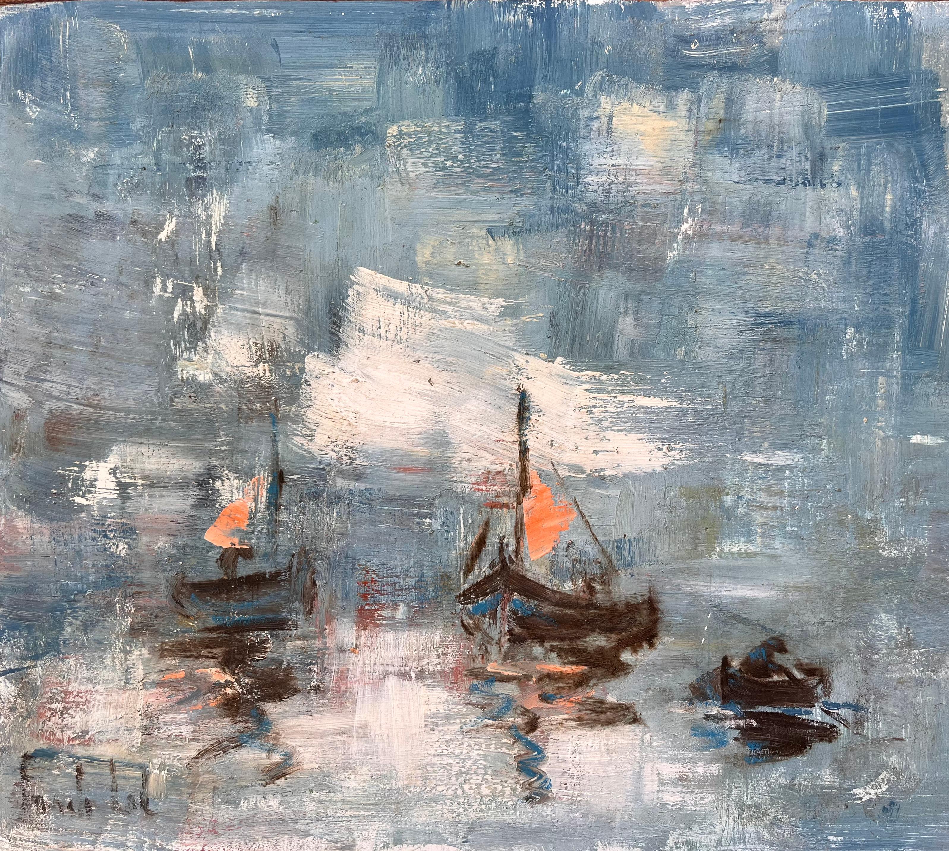 Impressionist Seascape Painting of Fishing Boats with Sails and Orange Sails