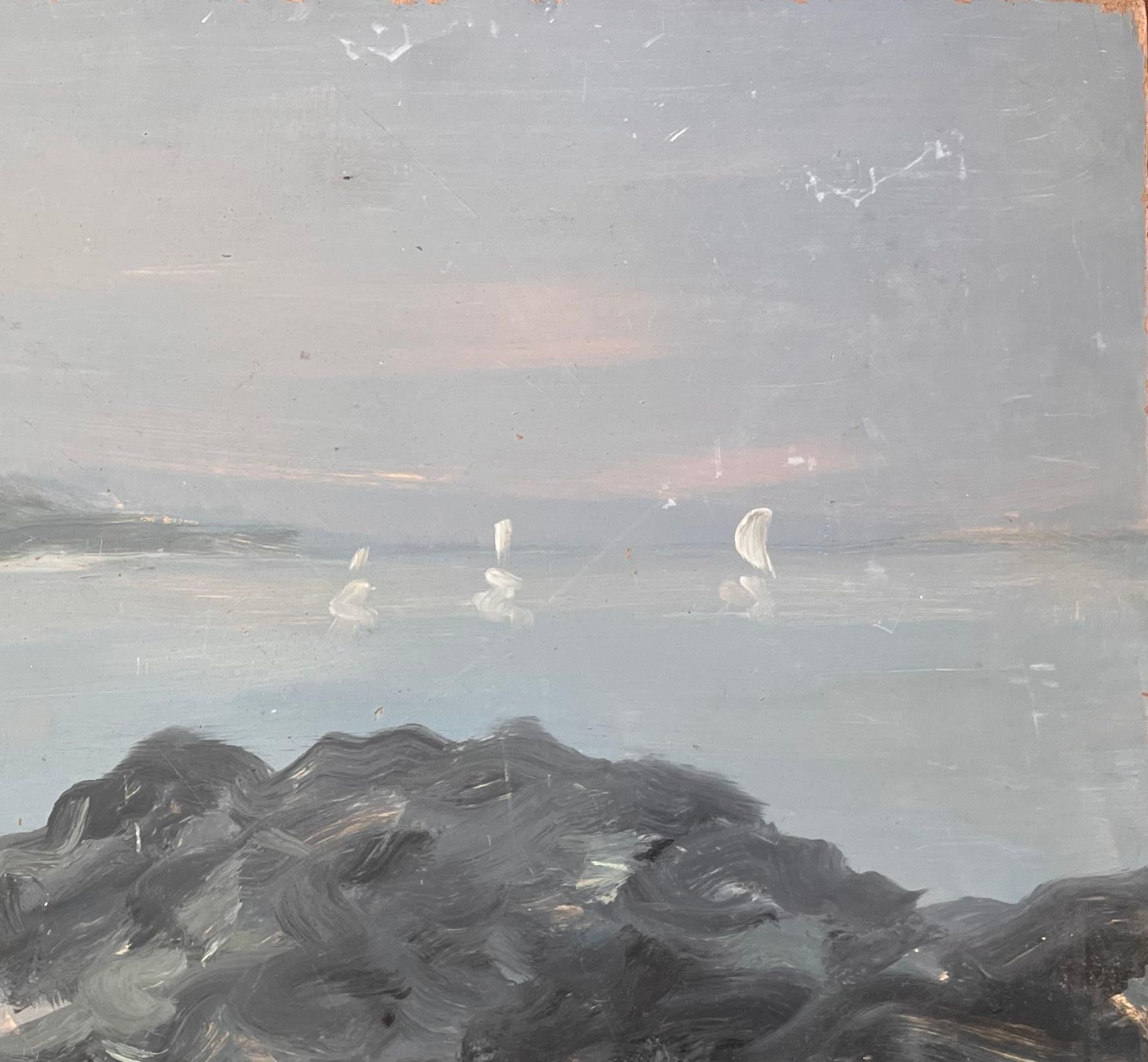 Impressionistisches Meereslandschaftsgemälde der Chausey-Inseln mit Booten und Felsen (Grau), Abstract Painting, von Fanch Lel