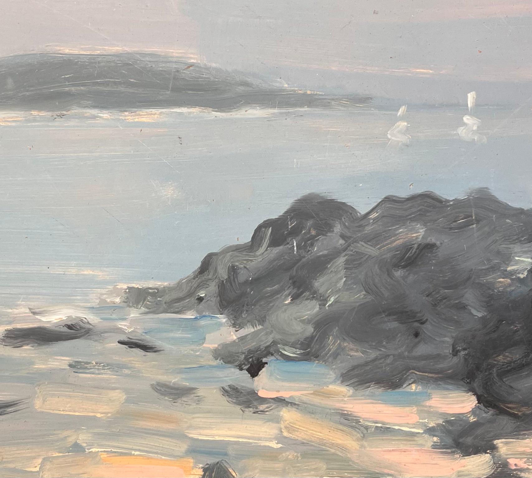 Impressionistisches Meereslandschaftsgemälde der Chausey-Inseln mit Booten und Felsen im Angebot 2