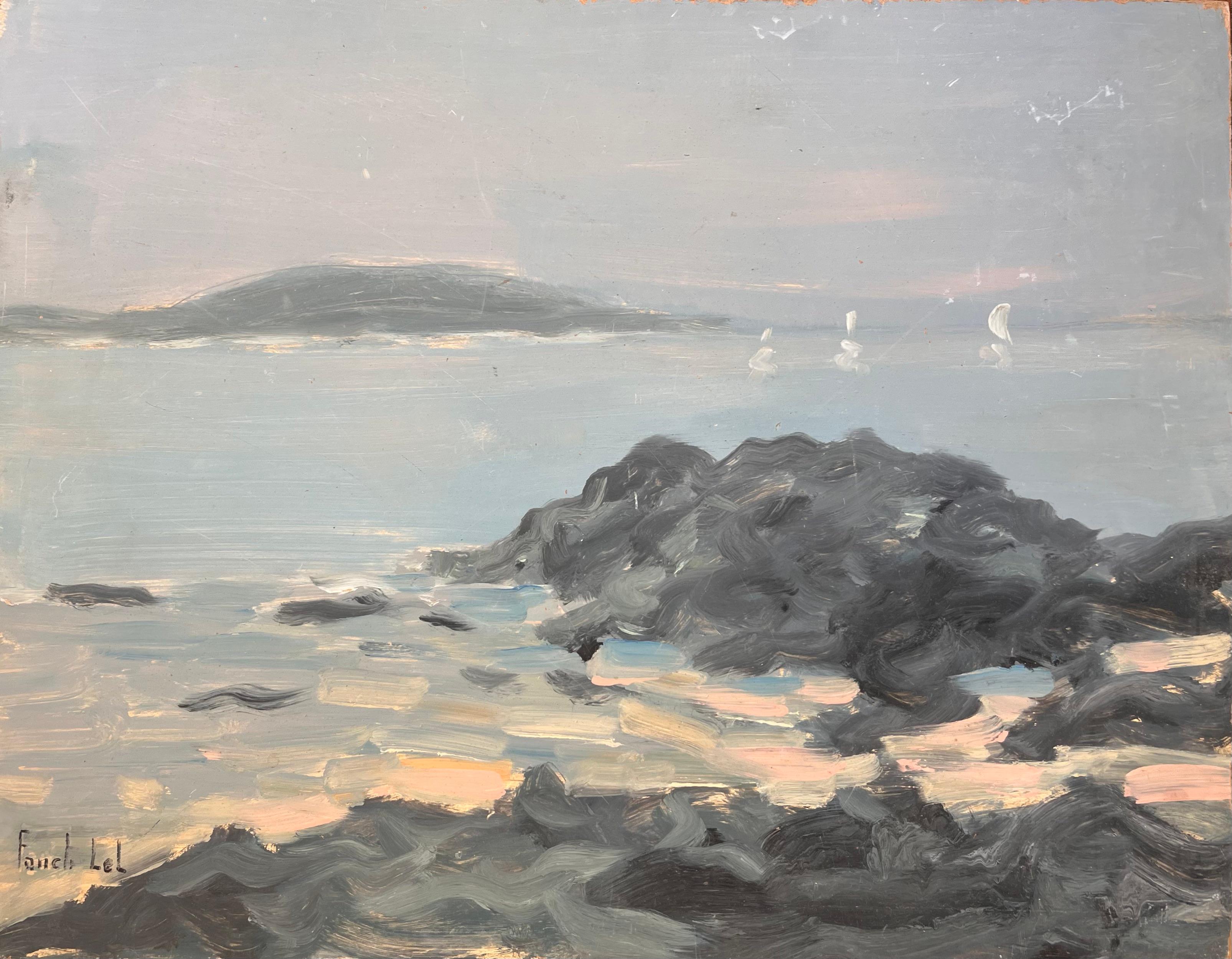 Fanch Lel Abstract Painting – Impressionistisches Meereslandschaftsgemälde der Chausey-Inseln mit Booten und Felsen