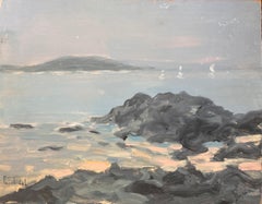 Quadro impressionista di paesaggio marino delle Isole Chausey con barche e rocce