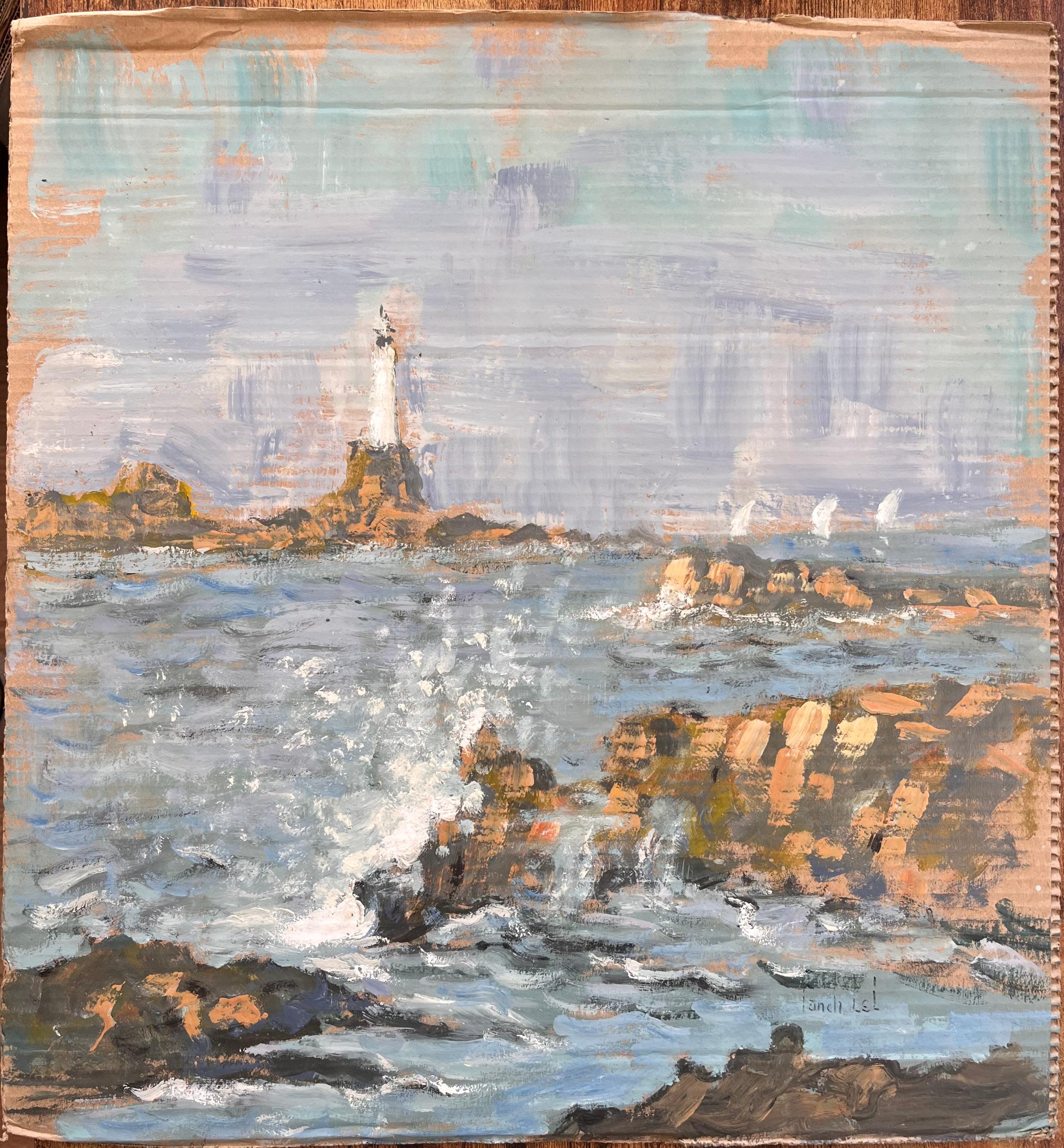 Impressionistische Meereslandschaft mit crashenden Wellen und distanziertem Leuchtturm an der Felsenküste – Painting von Fanch Lel