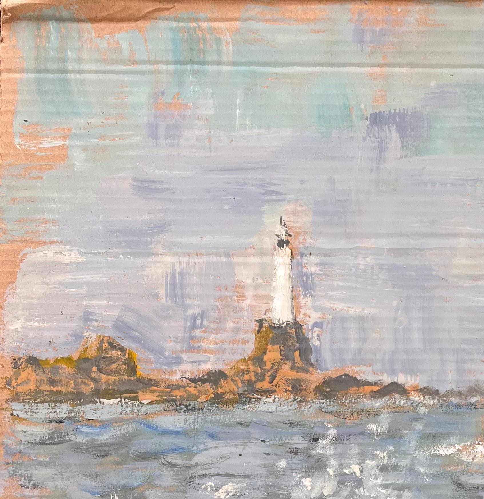 Impressionistische Meereslandschaft mit crashenden Wellen und distanziertem Leuchtturm an der Felsenküste (Impressionismus), Painting, von Fanch Lel