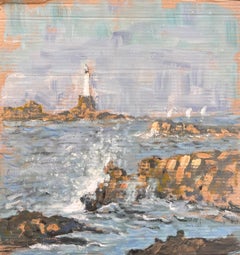 Impressionist Seascape with Crashing Waves and Distant Lighthouse on Rocky Coast