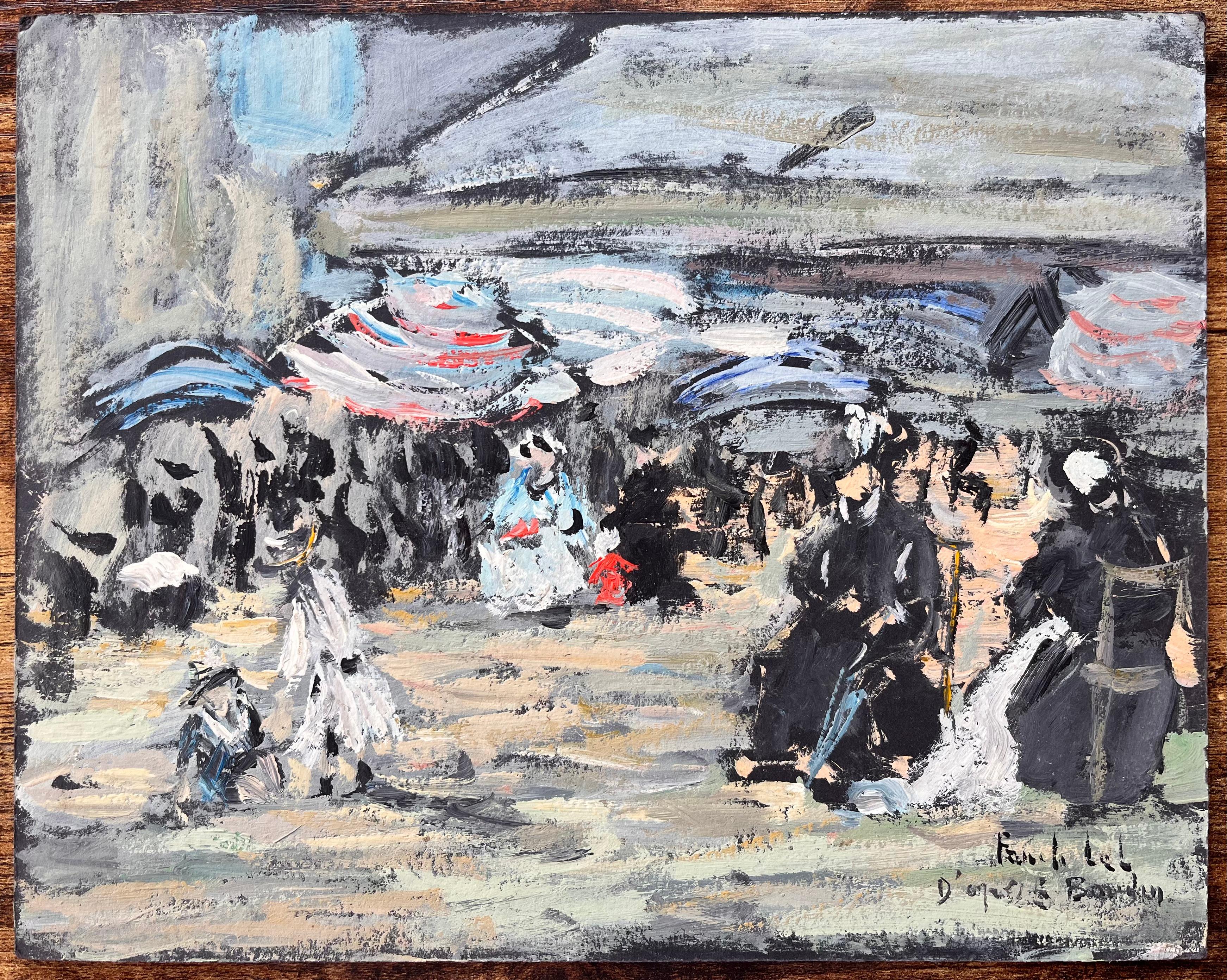 Impressionist Seaside Scene after Eugène Boudin Normandy 1855 Style Painting - Gray Landscape Painting by Fanch Lel