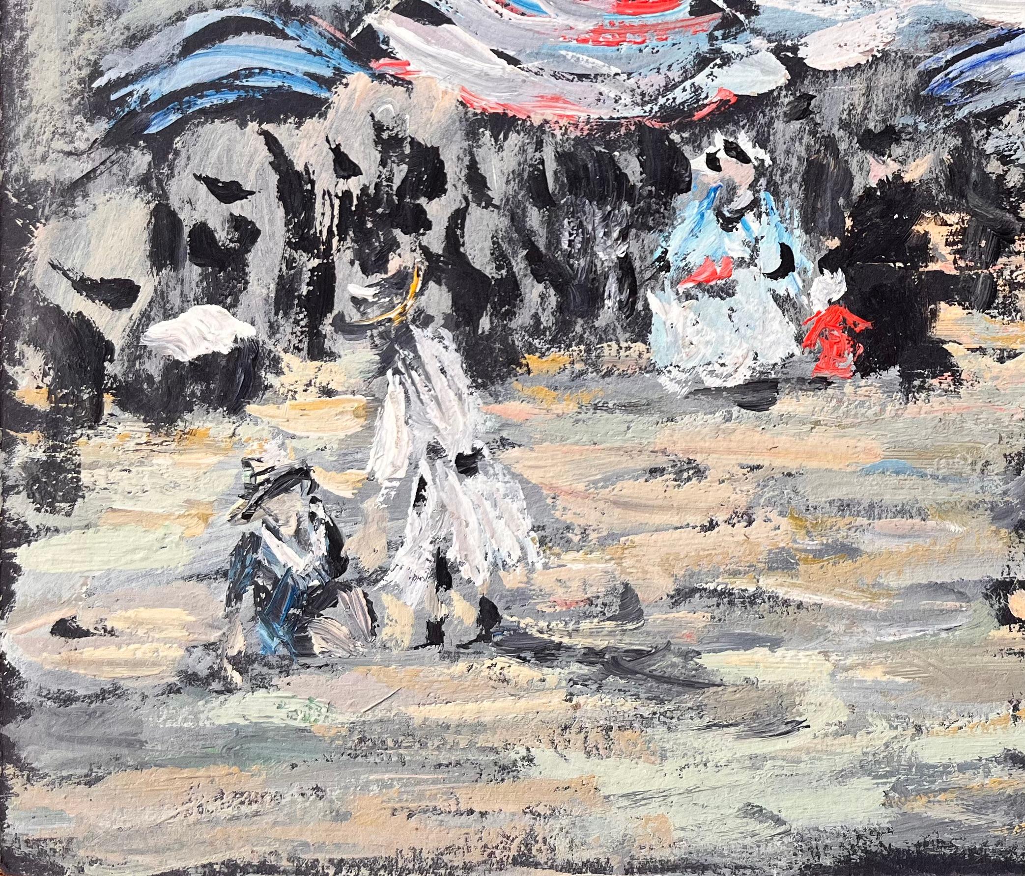 Title: Impressionist Seaside Scene after Eugène Boudin Normandy 1855 Style Painting
by Fanch Lel
Signed: yes
Size: 9.5 inches (height) x 11.75 inches (width)
Medium: Oil on board, unframed
Condition: The painting is in good condition with slight