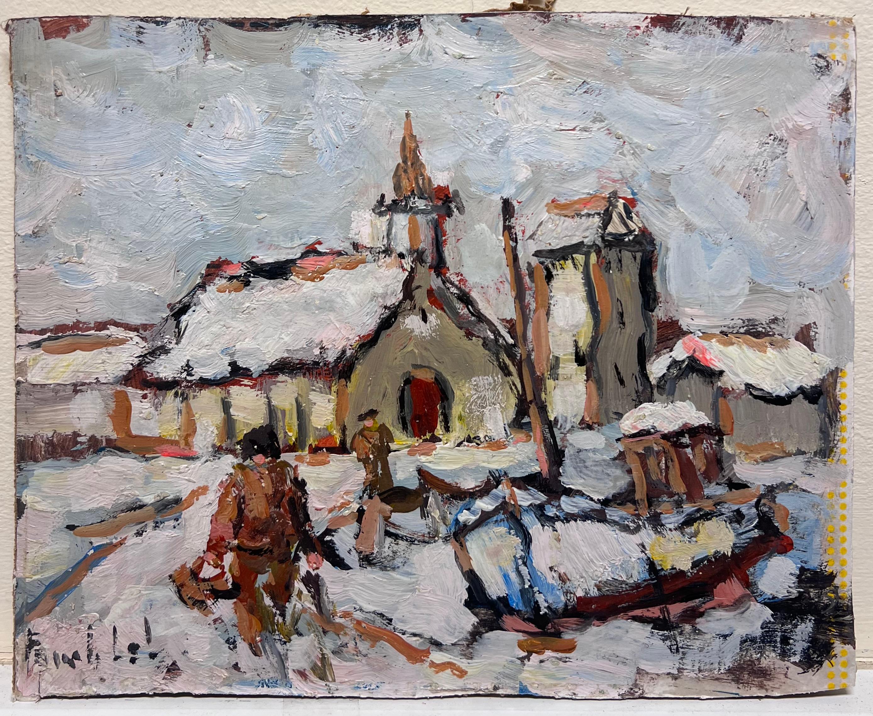 Scena impressionista di villaggio innevato con cappella e figure Camaret Francia - Painting di Fanch Lel