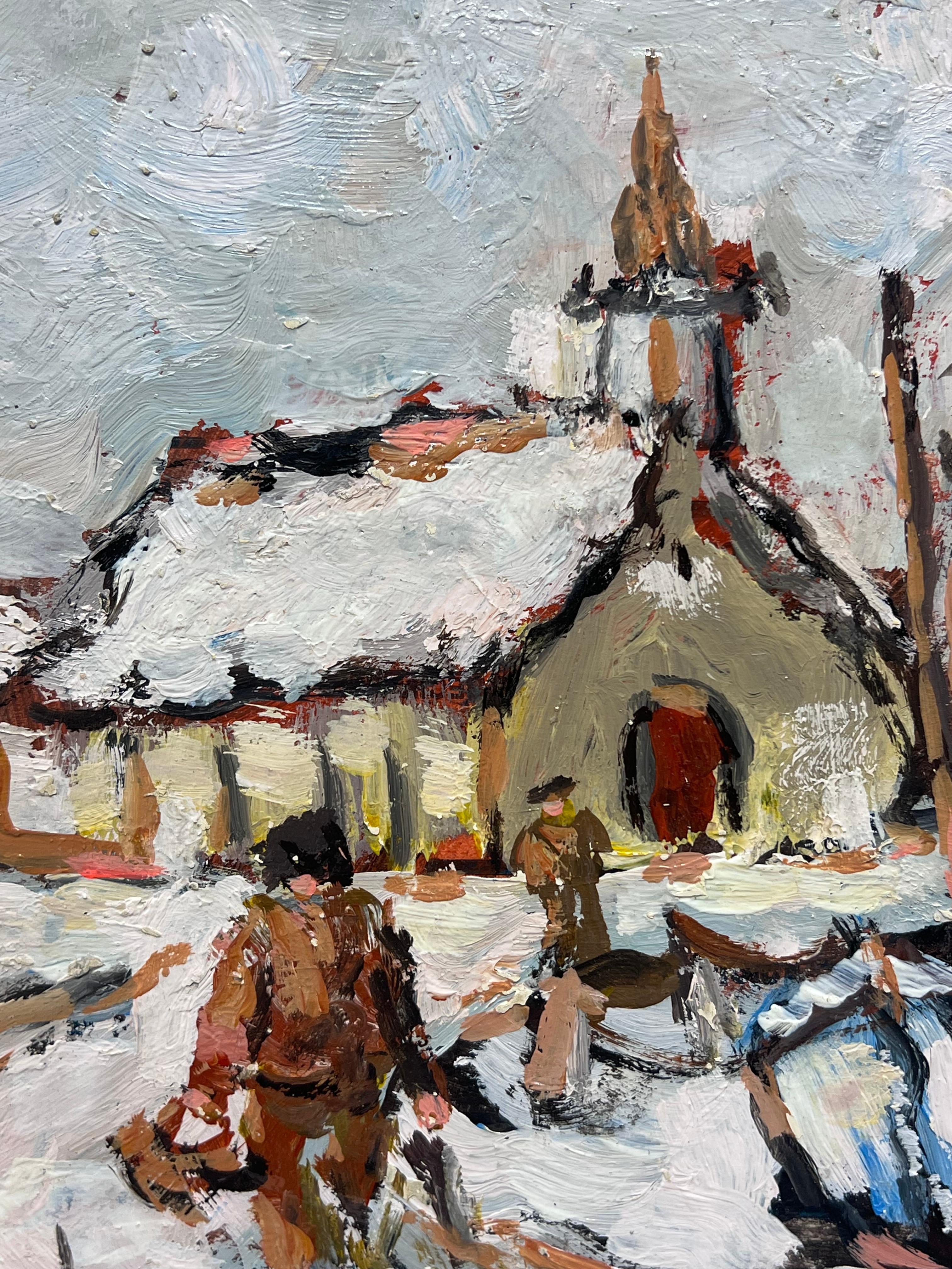 Scena impressionista di villaggio innevato con cappella e figure Camaret Francia - Painting Impressionismo di Fanch Lel