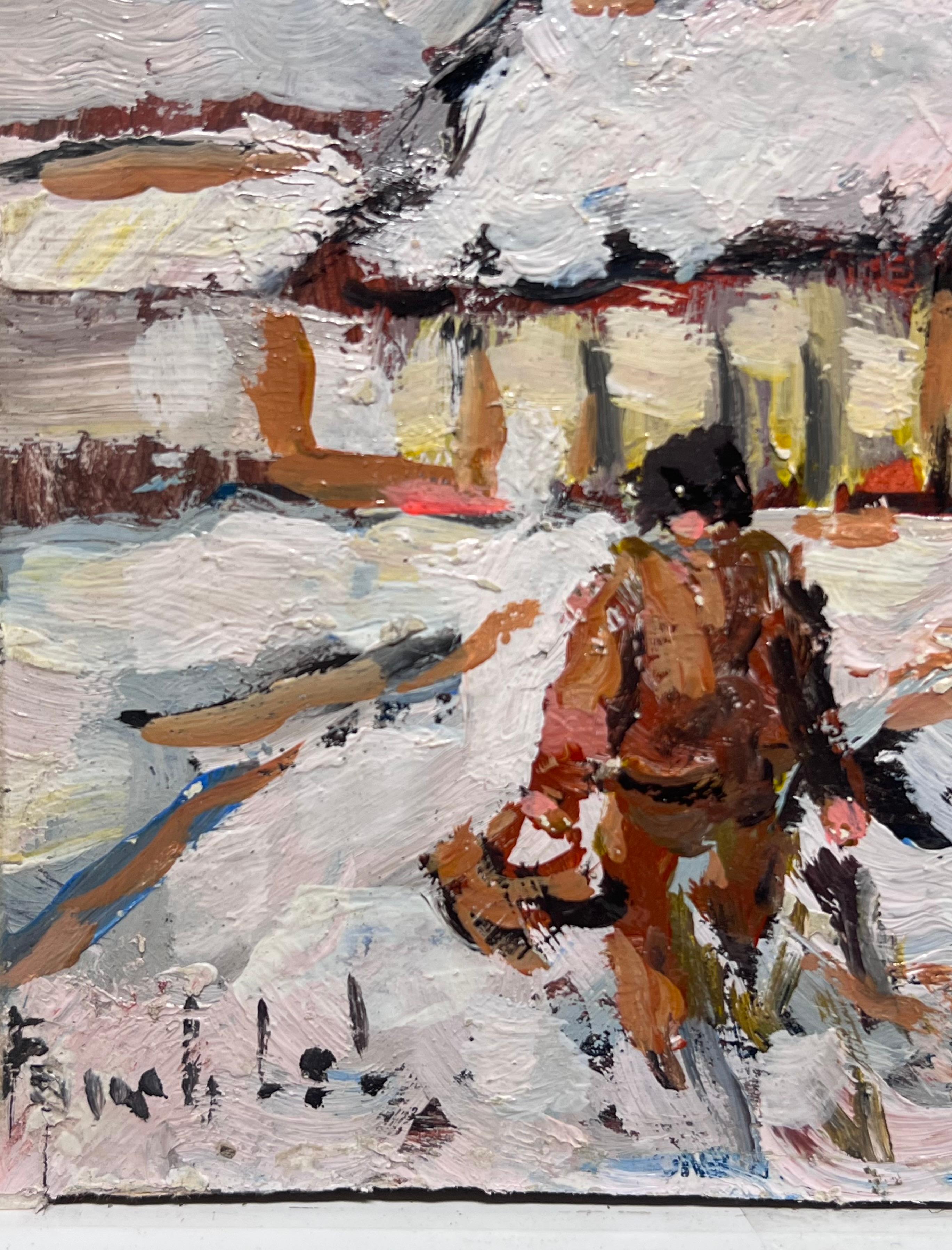 Scena impressionista di villaggio innevato con cappella e figure Camaret Francia - Figurative Painting Grigio di Fanch Lel