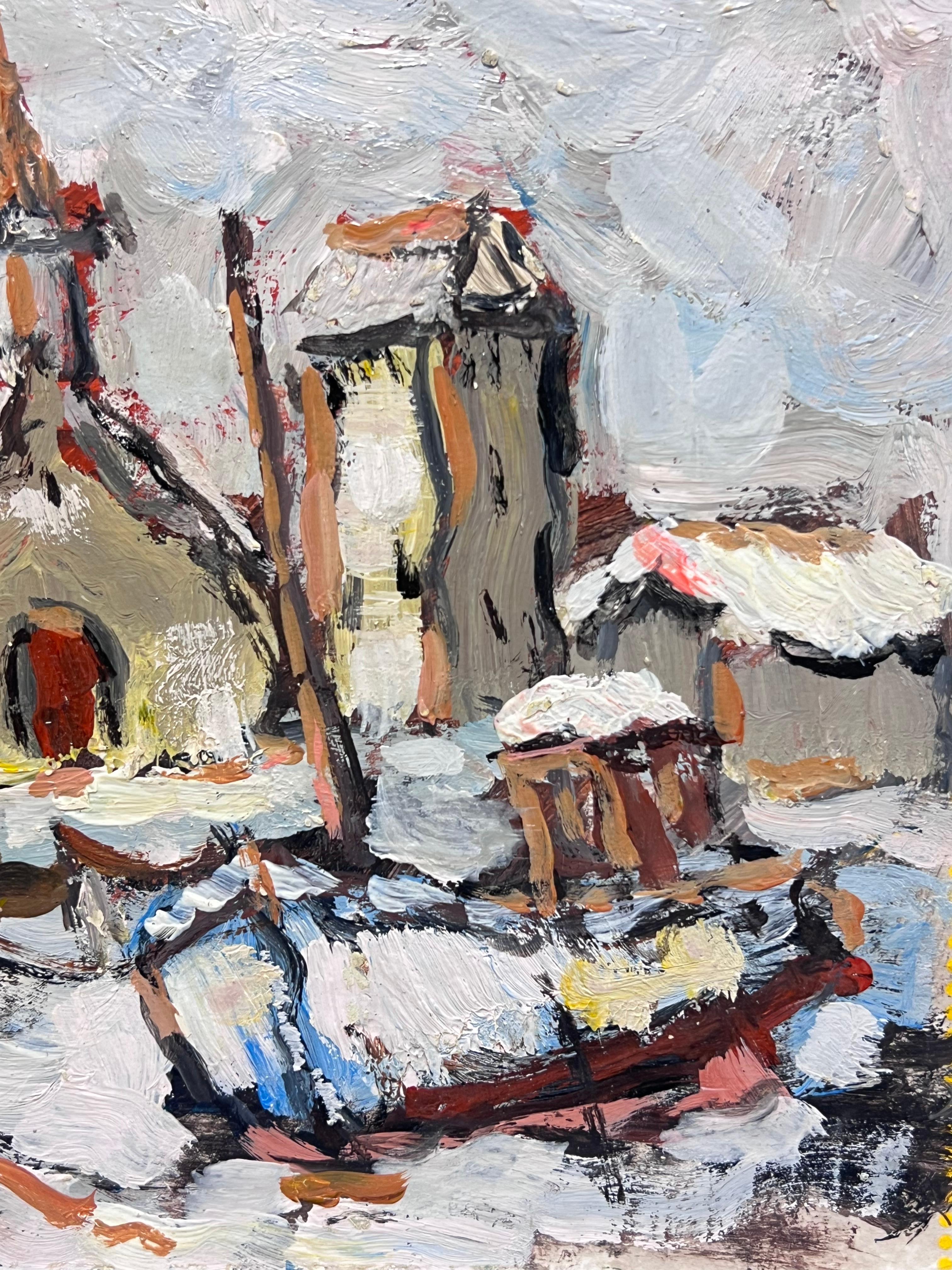 Scena impressionista di villaggio innevato con cappella e figure Camaret Francia in vendita 1
