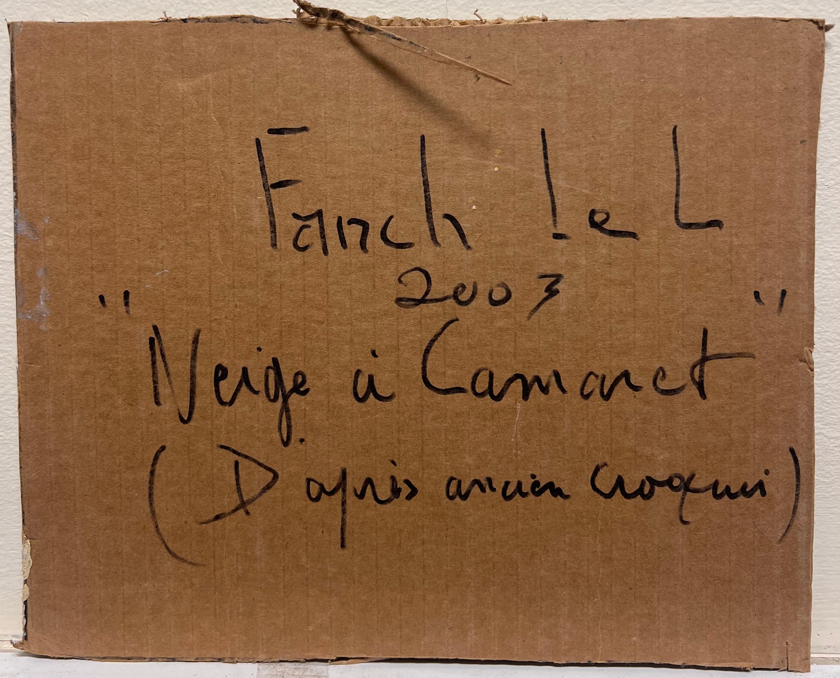 Scena impressionista di villaggio innevato con cappella e figure Camaret Francia in vendita 2