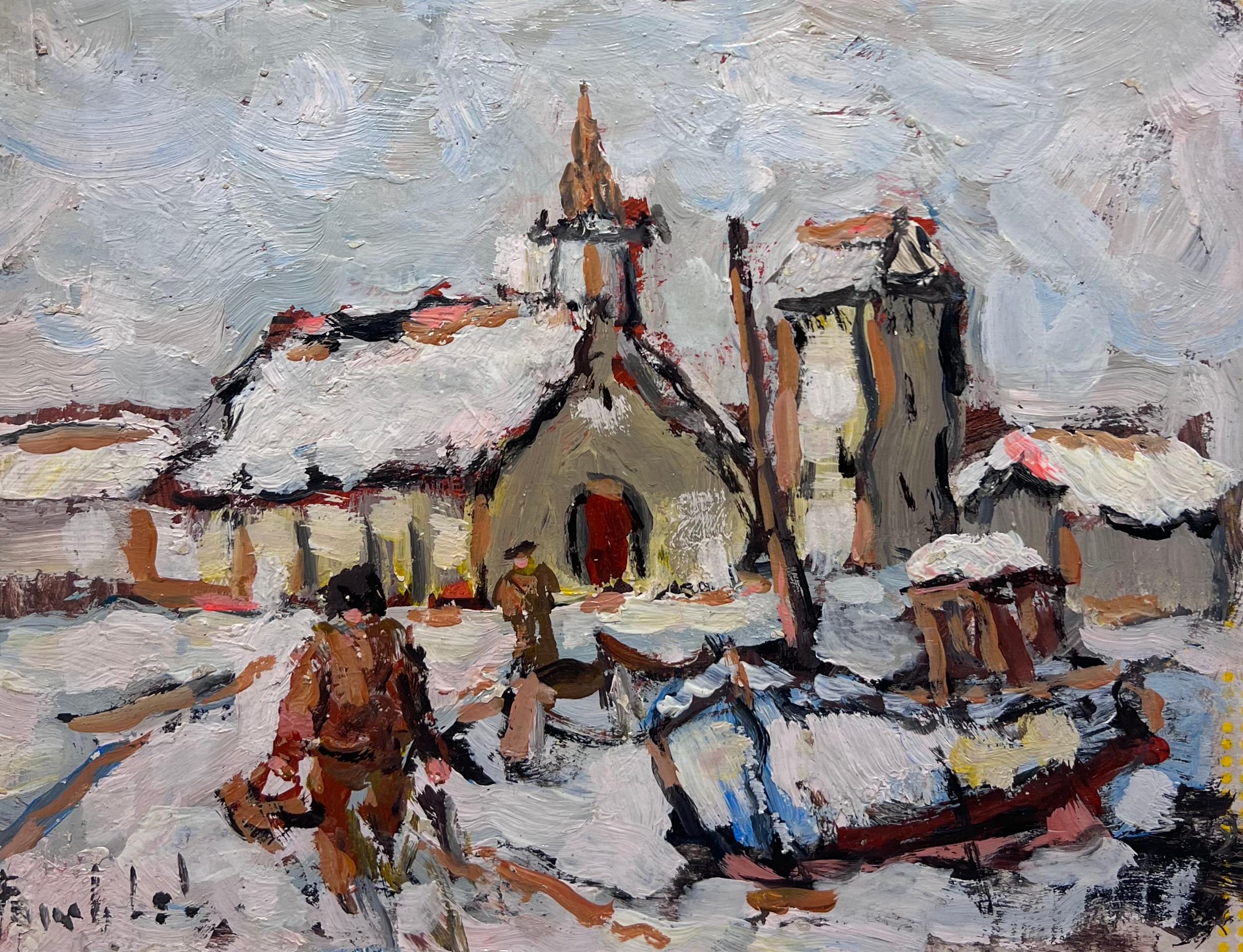 Figurative Painting di Fanch Lel - Scena impressionista di villaggio innevato con cappella e figure Camaret Francia