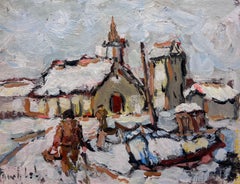 Impressionist Snowy Village Scene with Chapel and Figures Camaret France