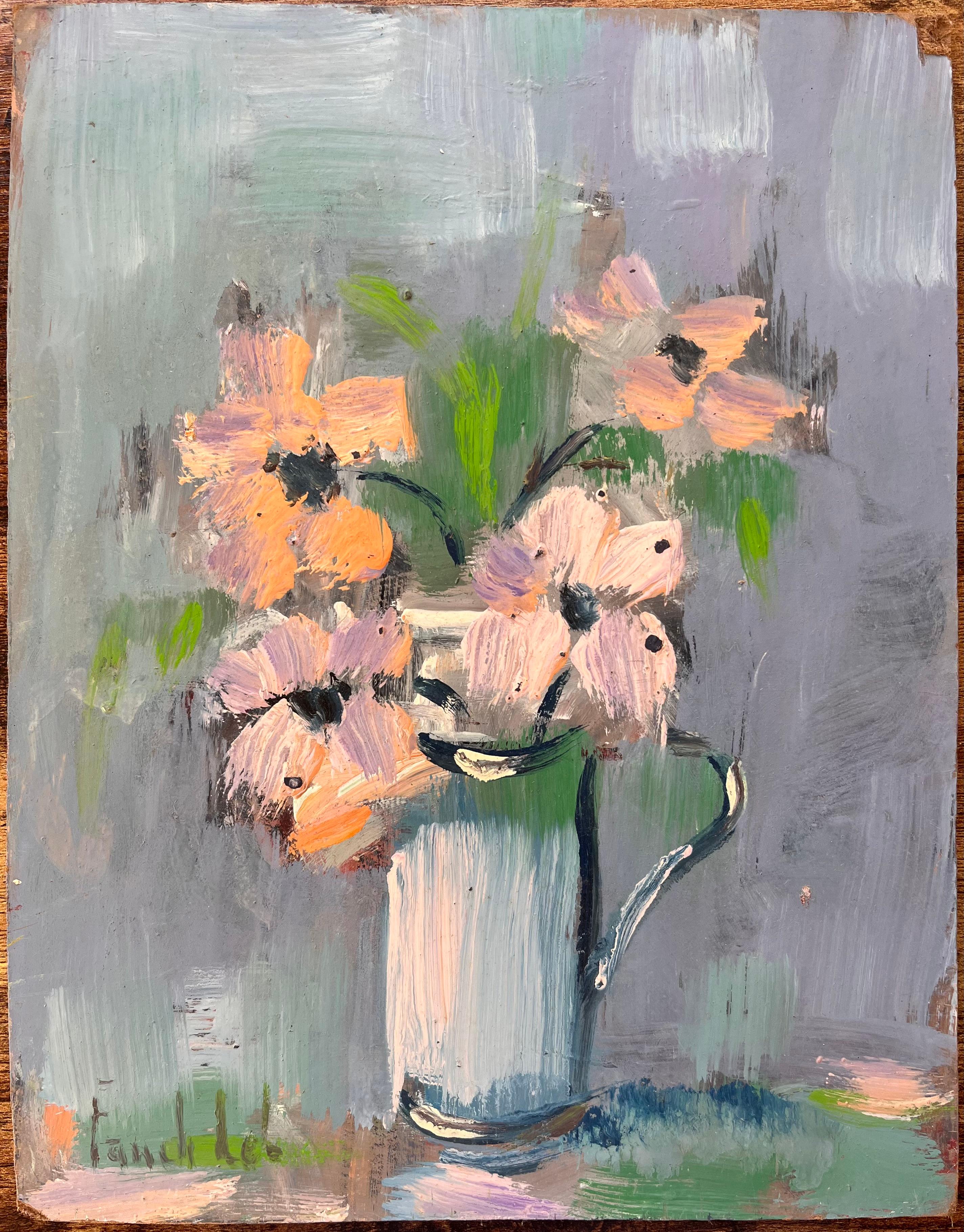 Impressionist Still Life of Pink Anemones in Pale Blue Pitcher Vase - Painting by Fanch Lel