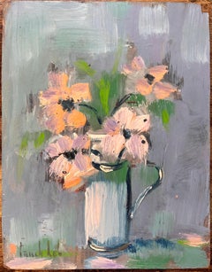 Impressionist Still Life of Pink Anemones in Pale Blue Pitcher Vase