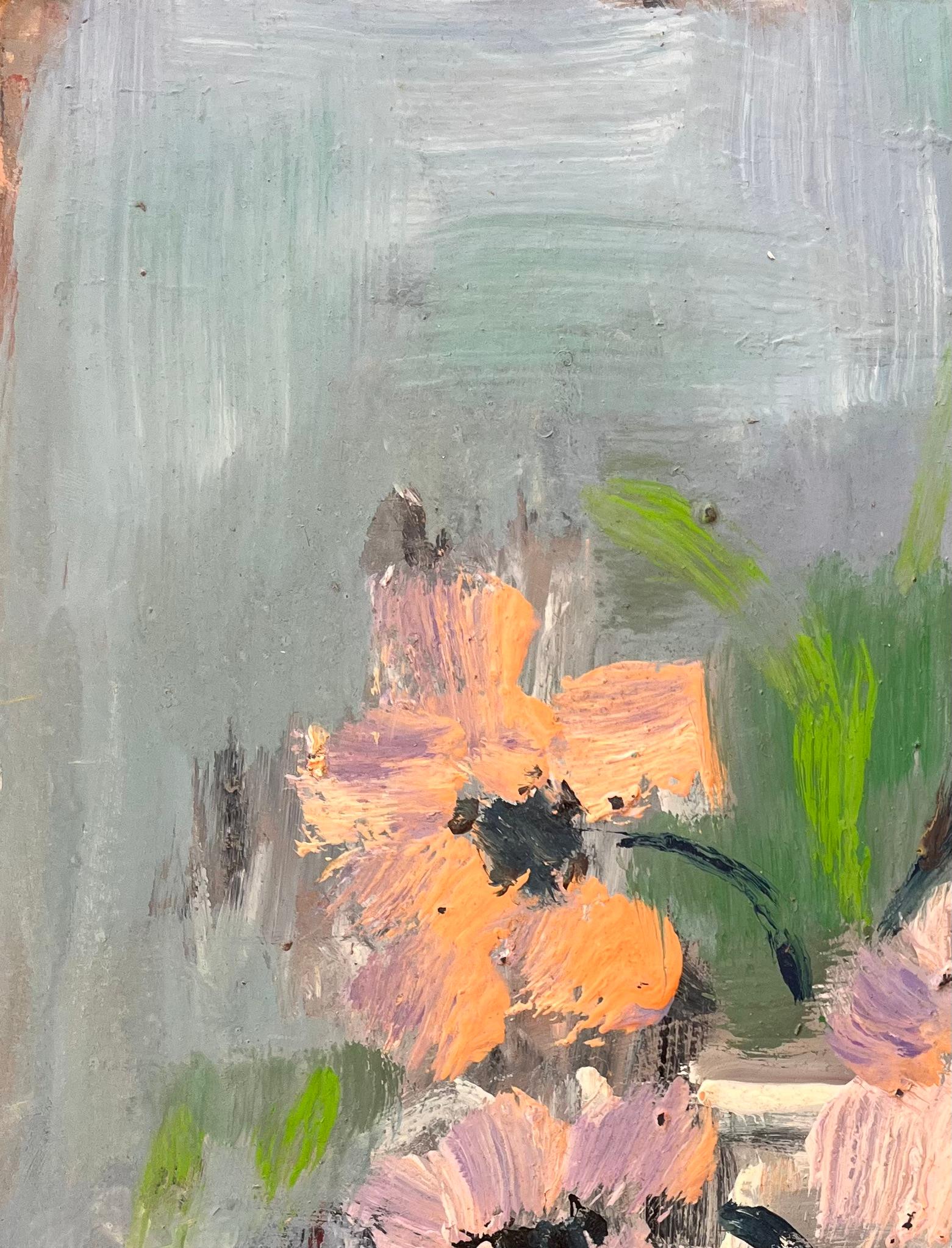 Impressionist Still Life of Pink Anemones in Pale Blue Pitcher Vase - Gray Landscape Painting by Fanch Lel