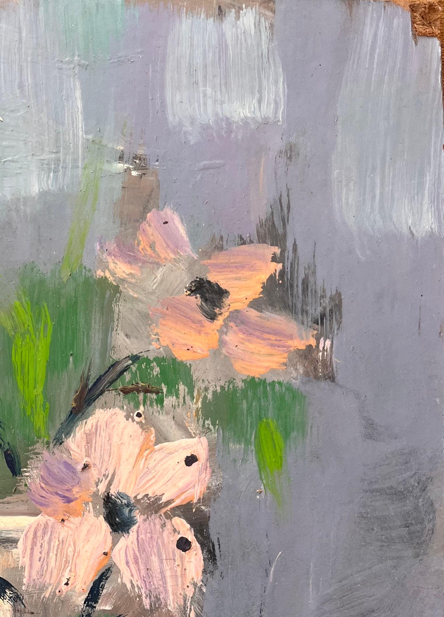 Title: Impressionist Still Life of Pink Anemones in Pale Blue Pitcher Vase 
By Fanch Lel
Signed: Yes
Size: 13.75 x 10.75 inches (height x width)
Oil painting on board, unframed
Condition: The painting is in good condition with minor signs of wear