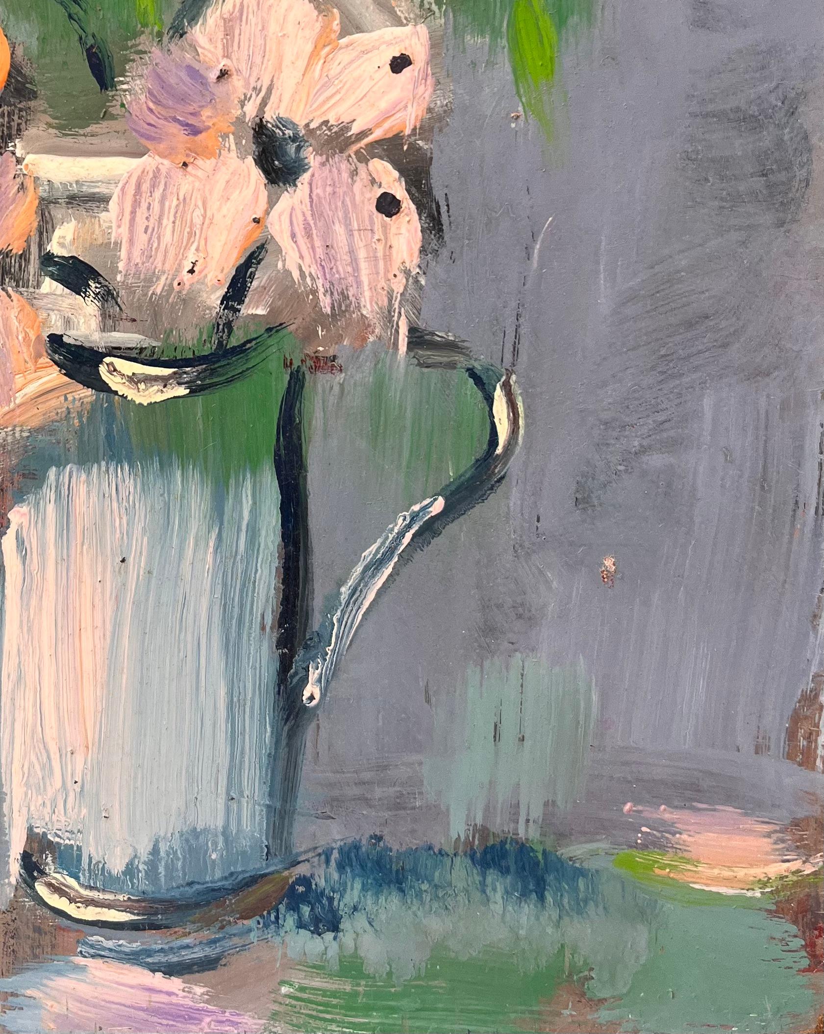 Impressionist Still Life of Pink Anemones in Pale Blue Pitcher Vase For Sale 1