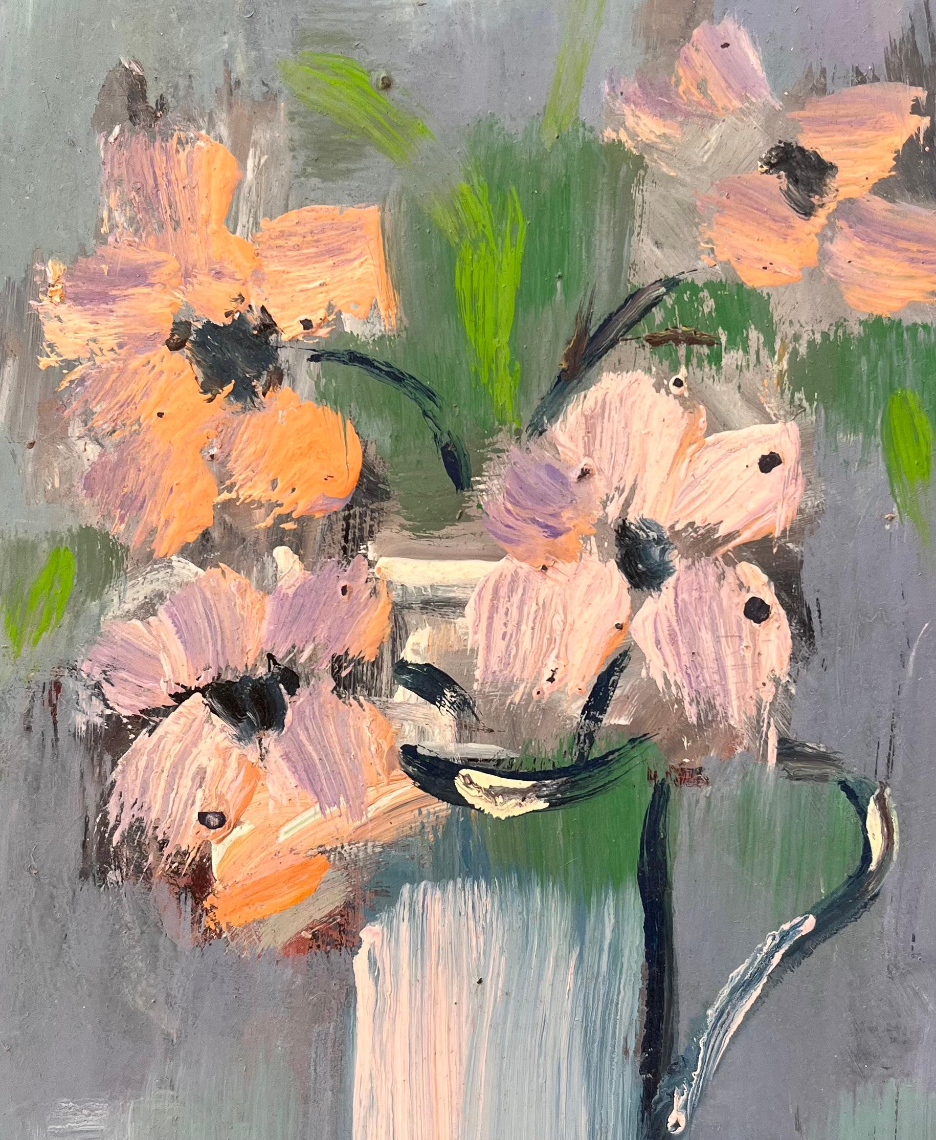 Impressionist Still Life of Pink Anemones in Pale Blue Pitcher Vase For Sale 3