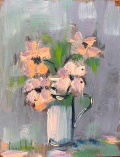 Impressionist Still Life of Pink Anemones in Pale Blue Pitcher Vase