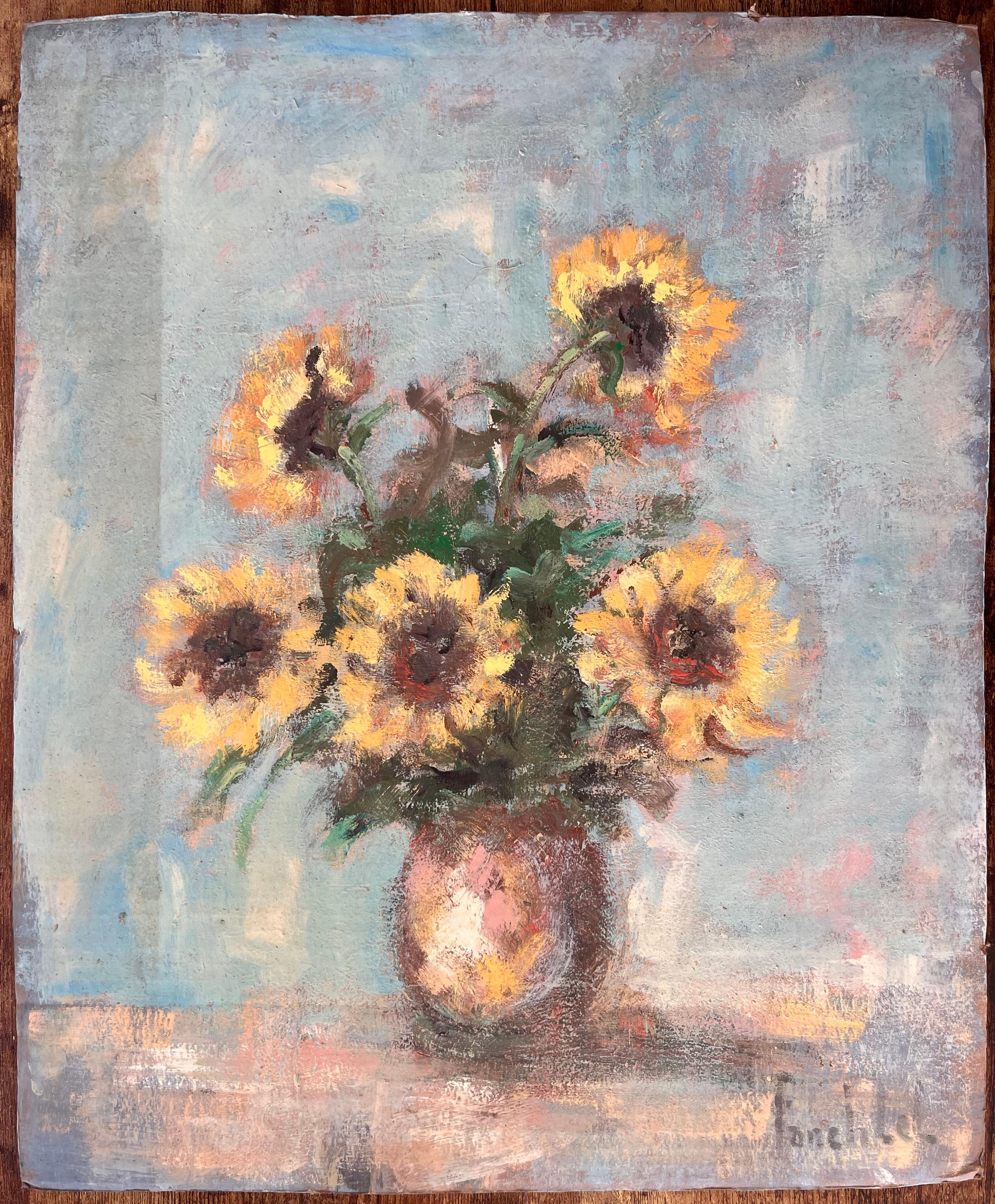Impressionistisches Stillleben mit Sonnenblumen in einer Vase mit weichem blauem Hintergrund – Painting von Fanch Lel