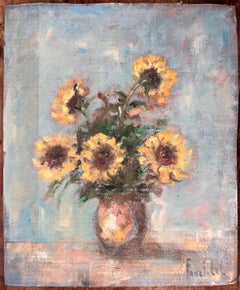 Impressionist Still Life of Sunflowers in a Vase with Soft Blue Background