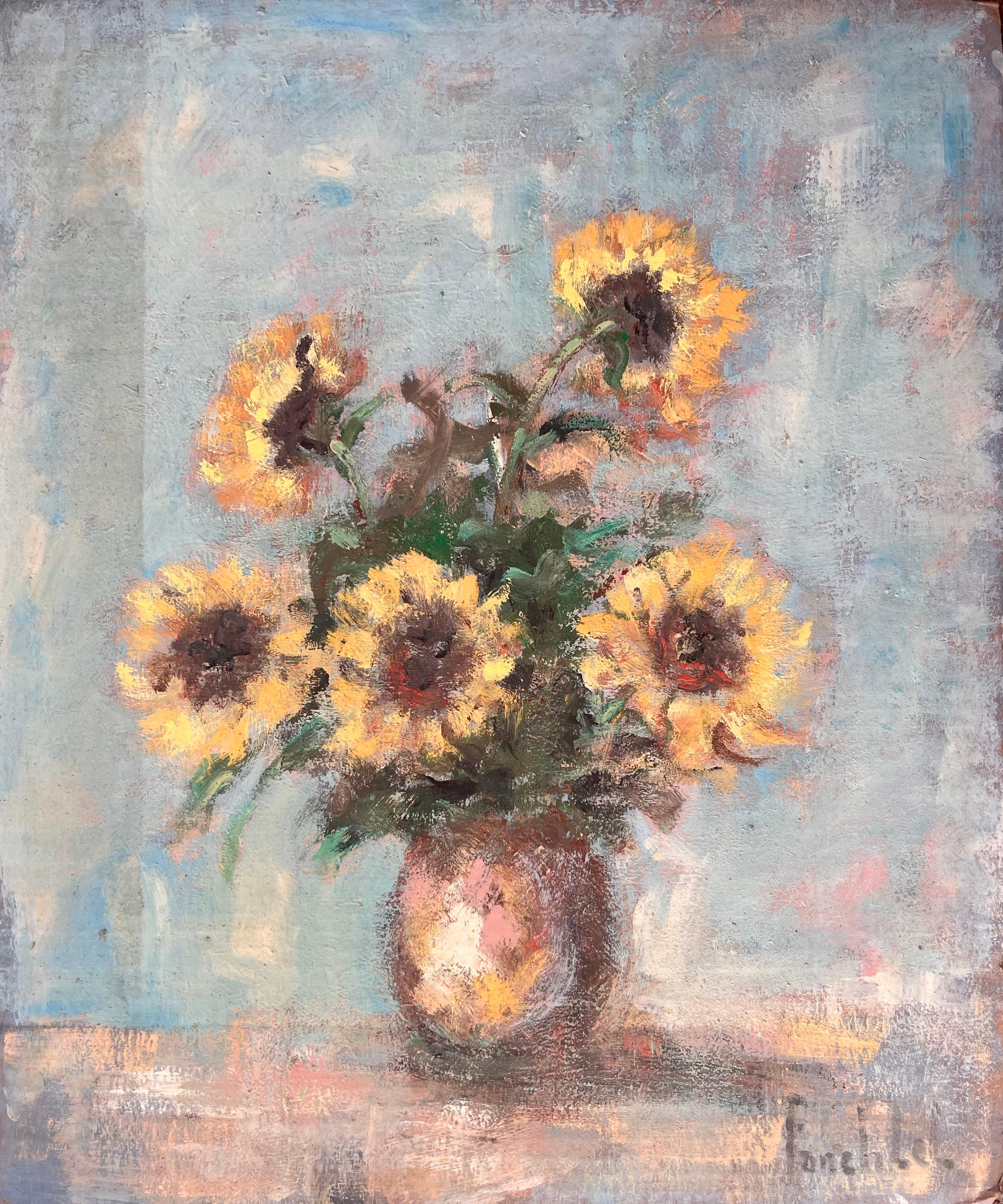 Impressionistisches Stillleben mit Sonnenblumen in einer Vase mit weichem blauem Hintergrund