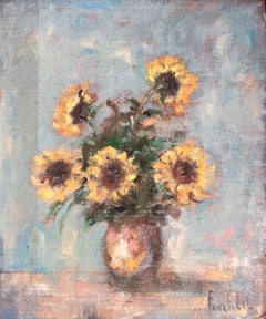 Natura morta impressionista di girasoli in vaso con sfondo blu tenue