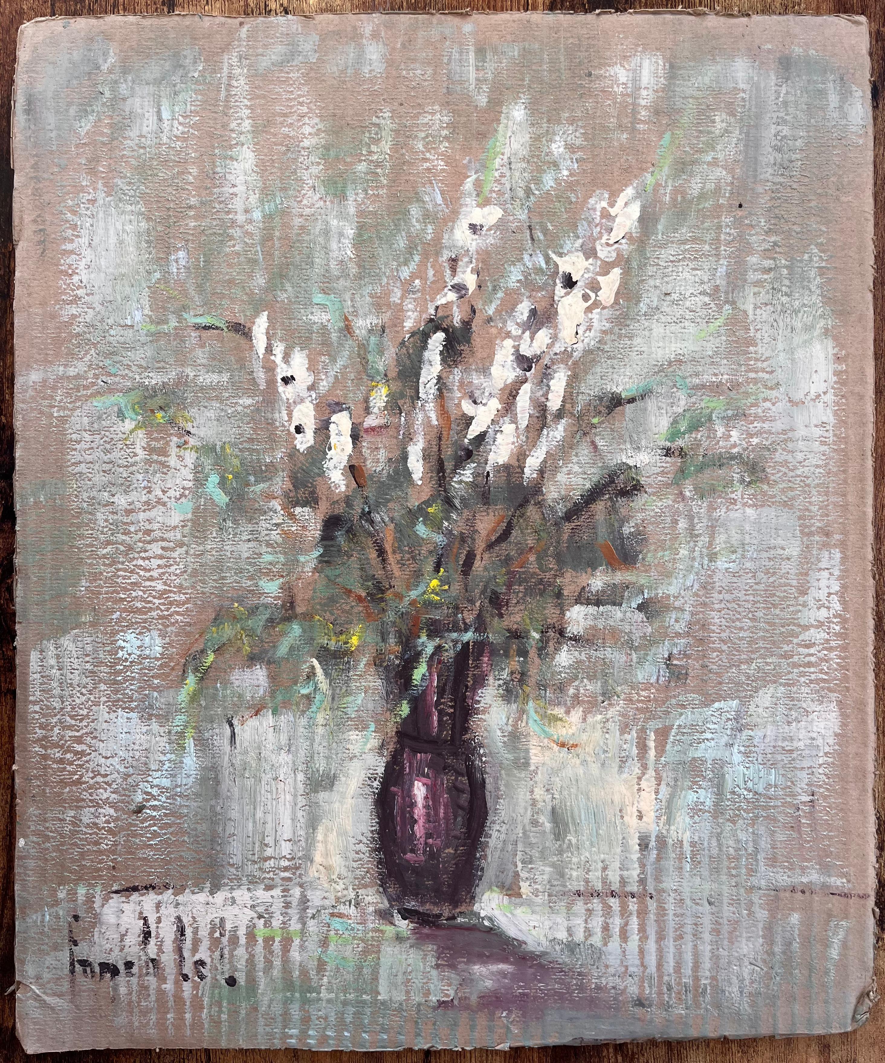 Impressionistisches Stillleben mit weißen Gladiolus-Blumen in pflaumenfarbener Vase – Painting von Fanch Lel