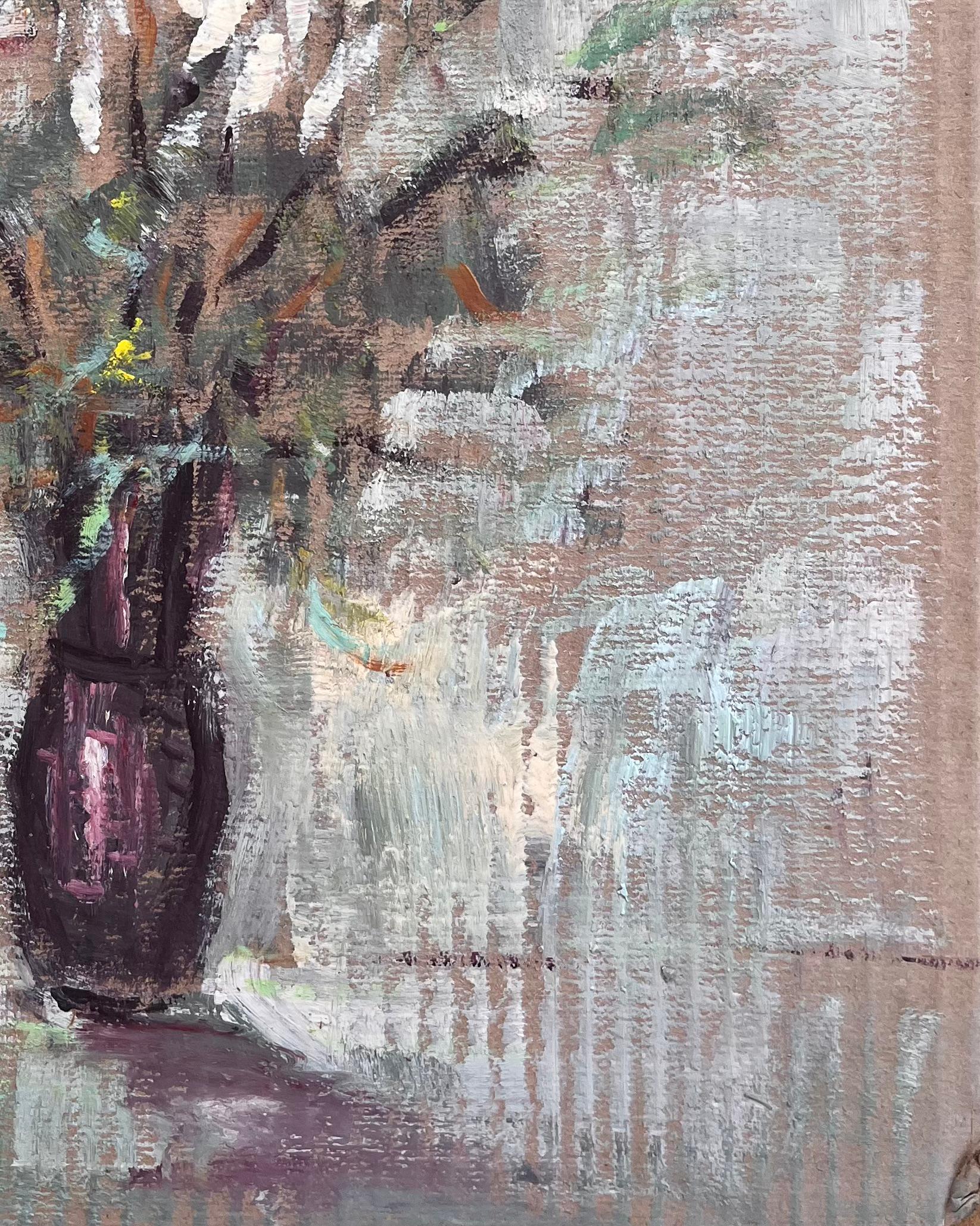 Impressionistisches Stillleben mit weißen Gladiolus-Blumen in pflaumenfarbener Vase (Impressionismus), Painting, von Fanch Lel