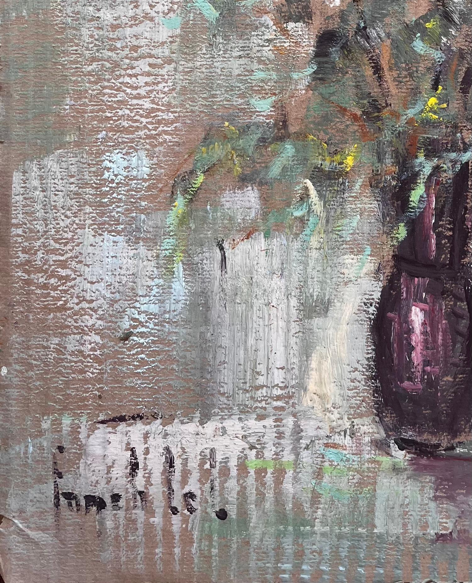 Titel: Impressionistisches Stillleben mit weißen Gladiolenblüten in Pflaumenvase
Von Fanch Les
Unterschrieben: Ja
Größe: 18,25 x 15 Zoll (Höhe x Breite)
Ölgemälde auf Karton, ungerahmt
Zustand: Das Gemälde ist in gutem Zustand mit ausdrucksstarker