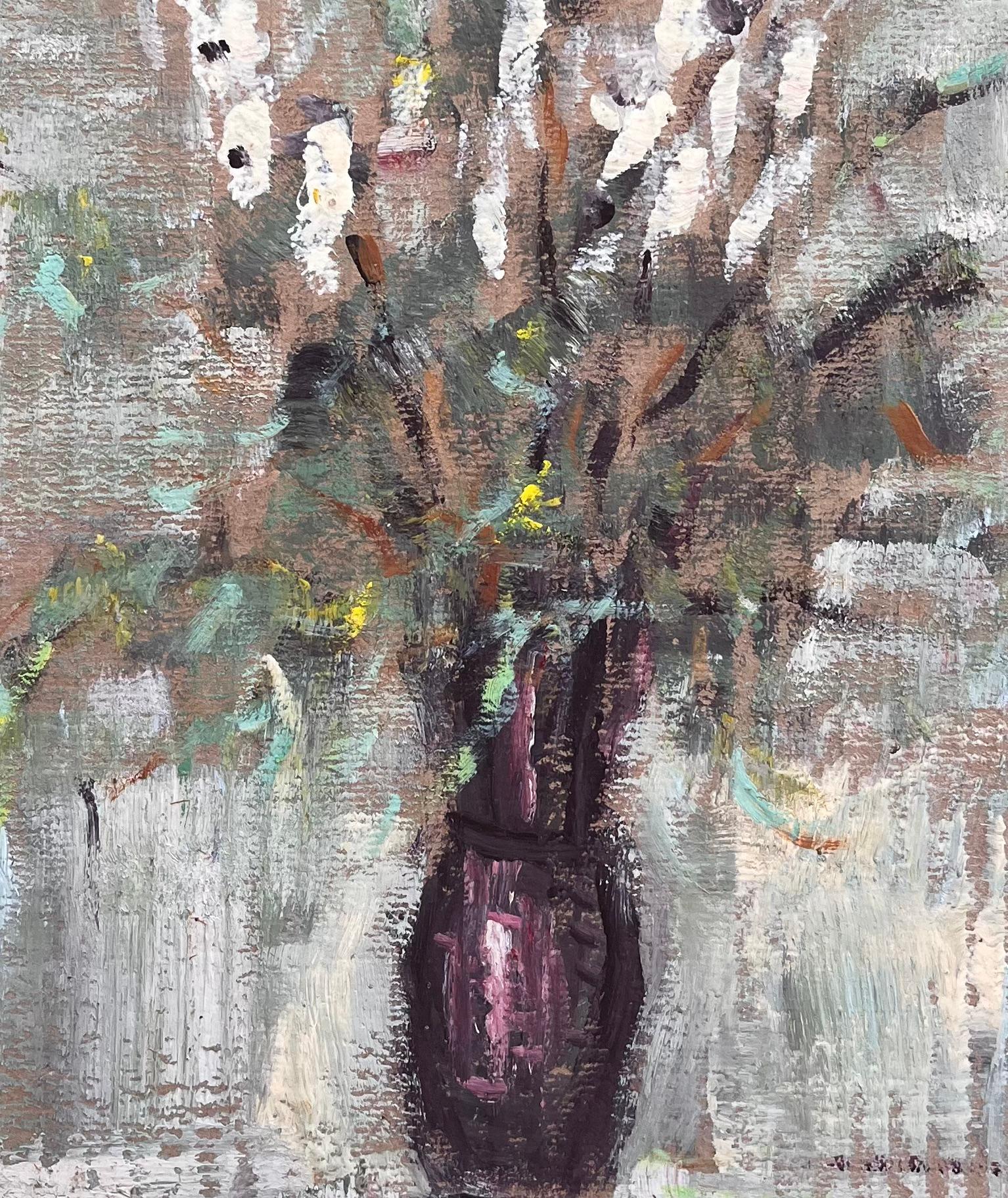Impressionistisches Stillleben mit weißen Gladiolus-Blumen in pflaumenfarbener Vase im Angebot 1