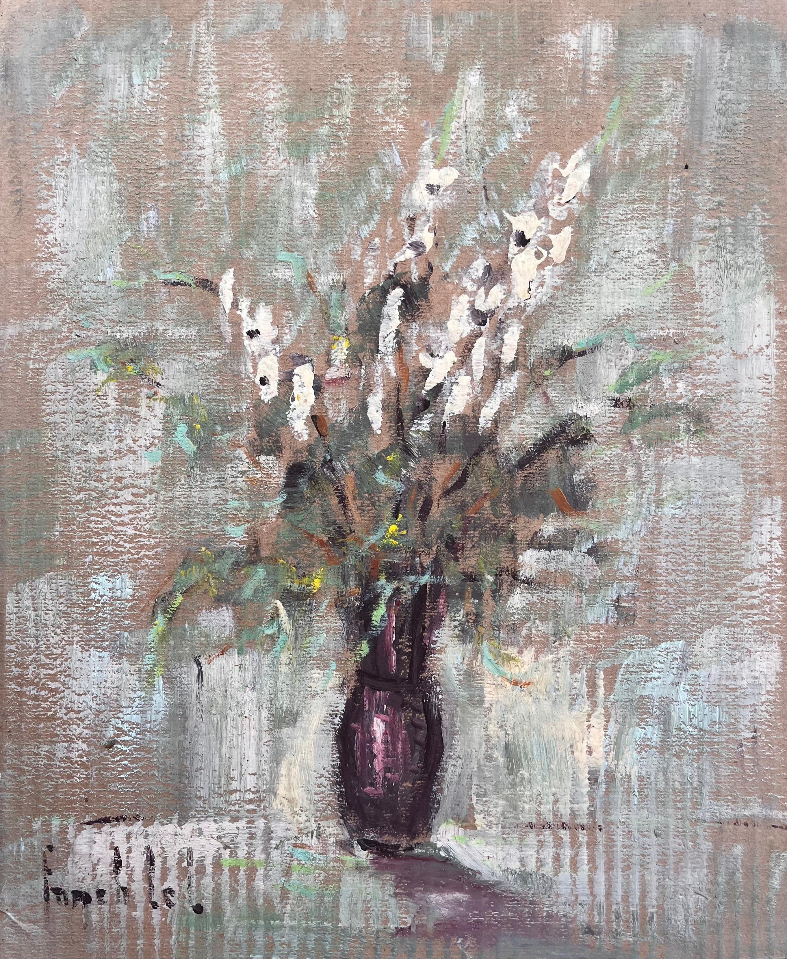Impressionistisches Stillleben mit weißen Gladiolus-Blumen in pflaumenfarbener Vase