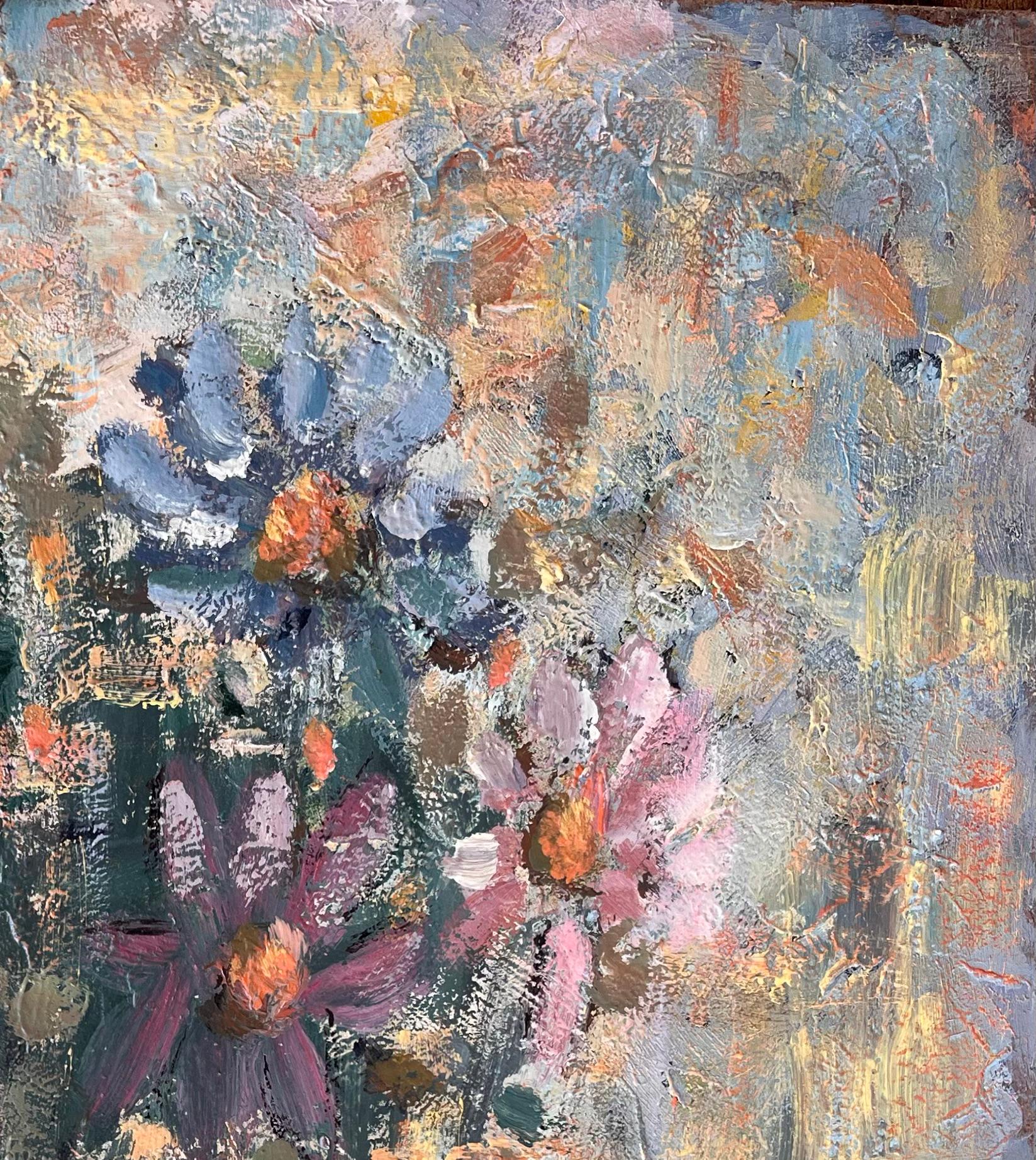 Pittura a olio di natura morta impressionista con fiori selvatici in vaso e colori pastello - Painting Impressionismo di Fanch Lel
