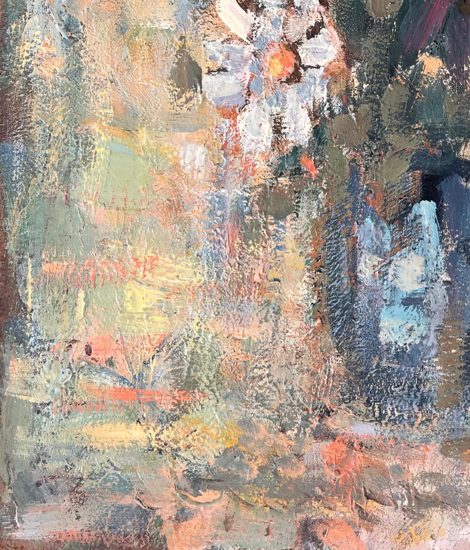Pittura a olio di natura morta impressionista con fiori selvatici in vaso e colori pastello in vendita 1