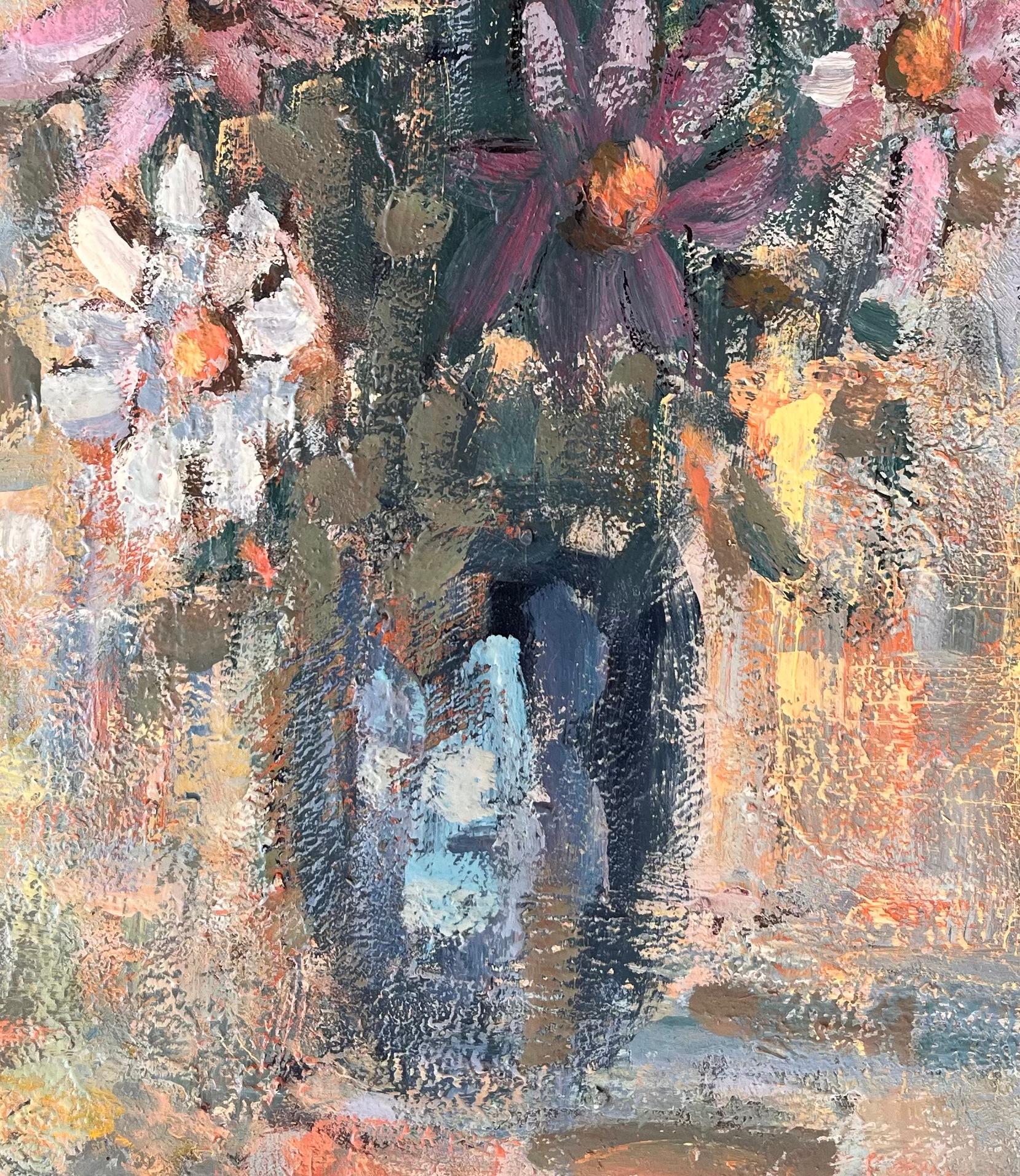 Pittura a olio di natura morta impressionista con fiori selvatici in vaso e colori pastello in vendita 2