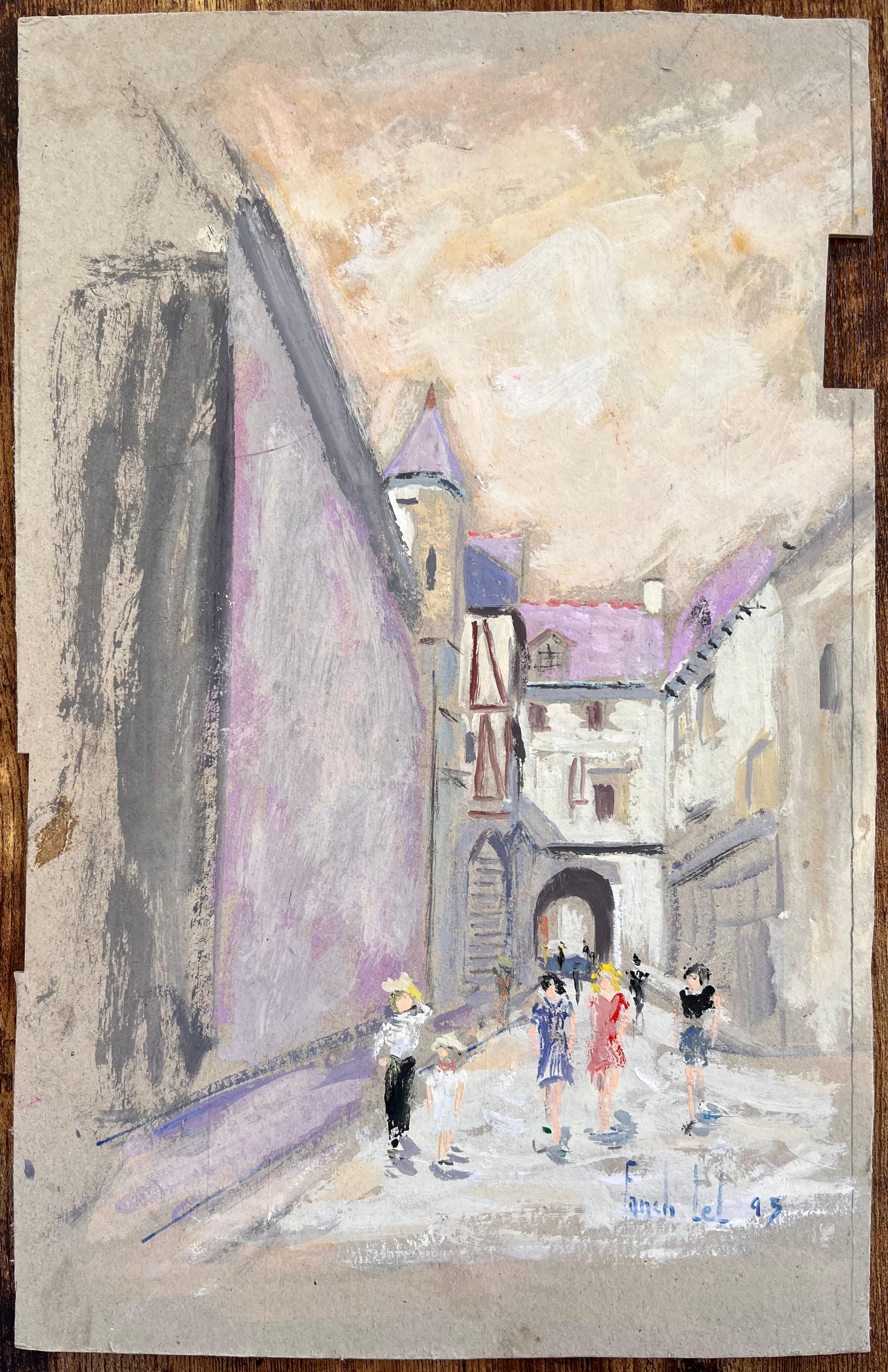 Scène de rue impressionniste du Mont Saint Michel avec touristes et bâtiments - Painting de Fanch Lel