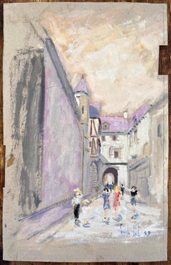 Impressionist Street Scene of Mont Saint Michel with Tourists and Buildings